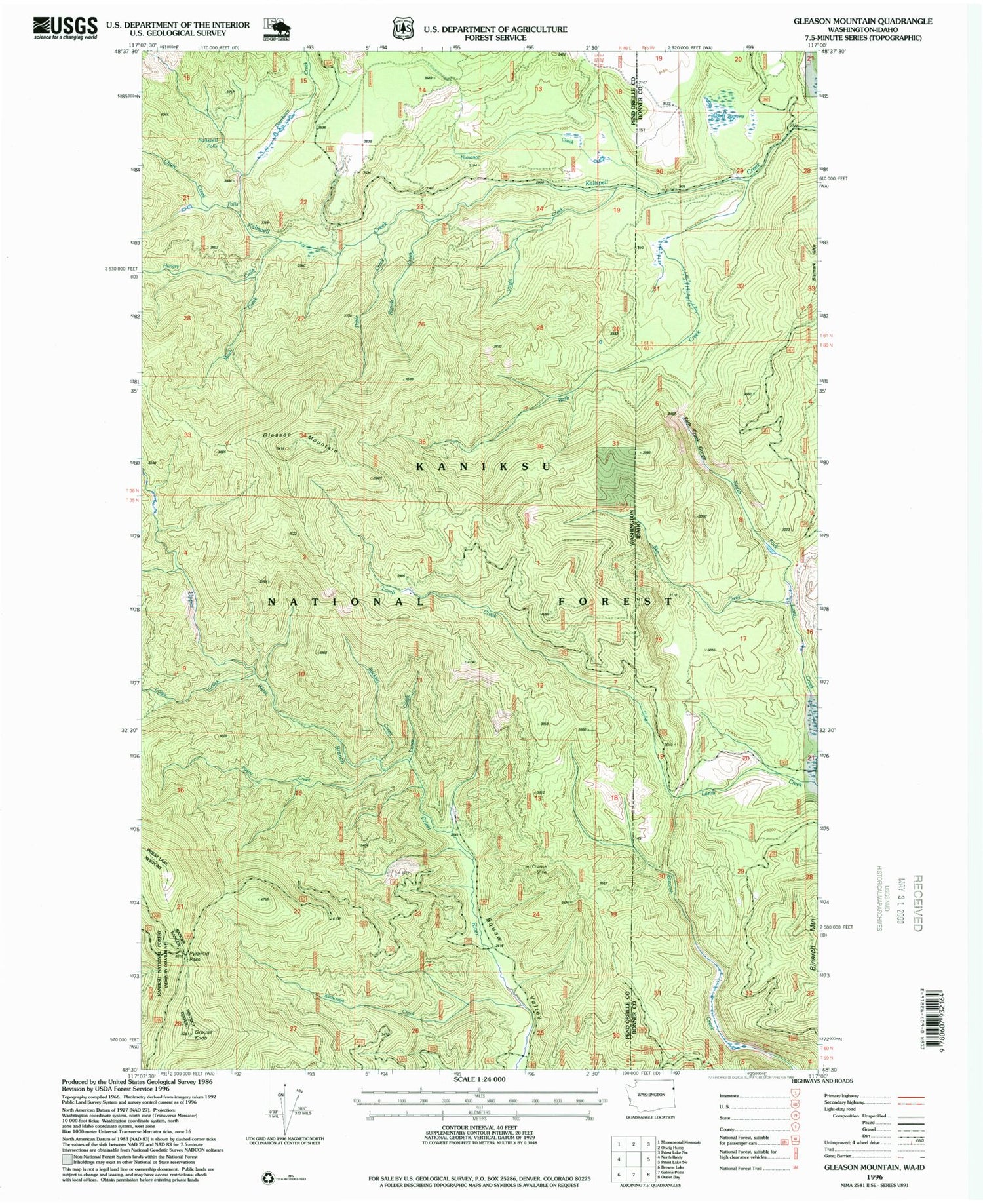 Classic USGS Gleason Mountain Washington 7.5'x7.5' Topo Map Image