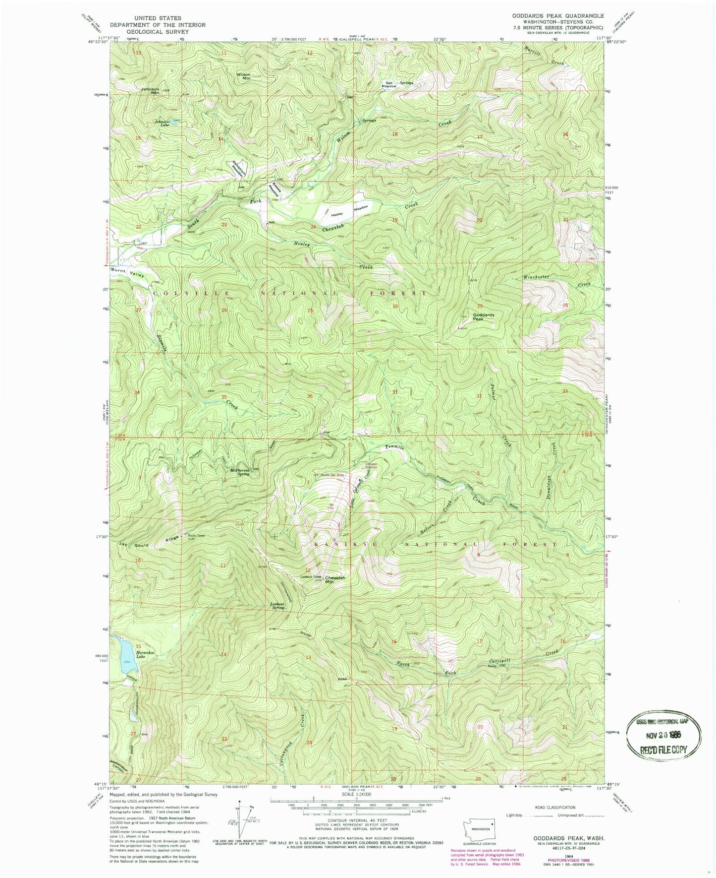 Classic USGS Goddards Peak Washington 7.5'x7.5' Topo Map Image