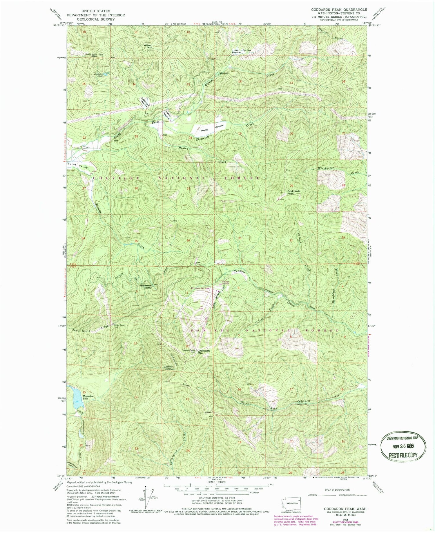 Classic USGS Goddards Peak Washington 7.5'x7.5' Topo Map Image