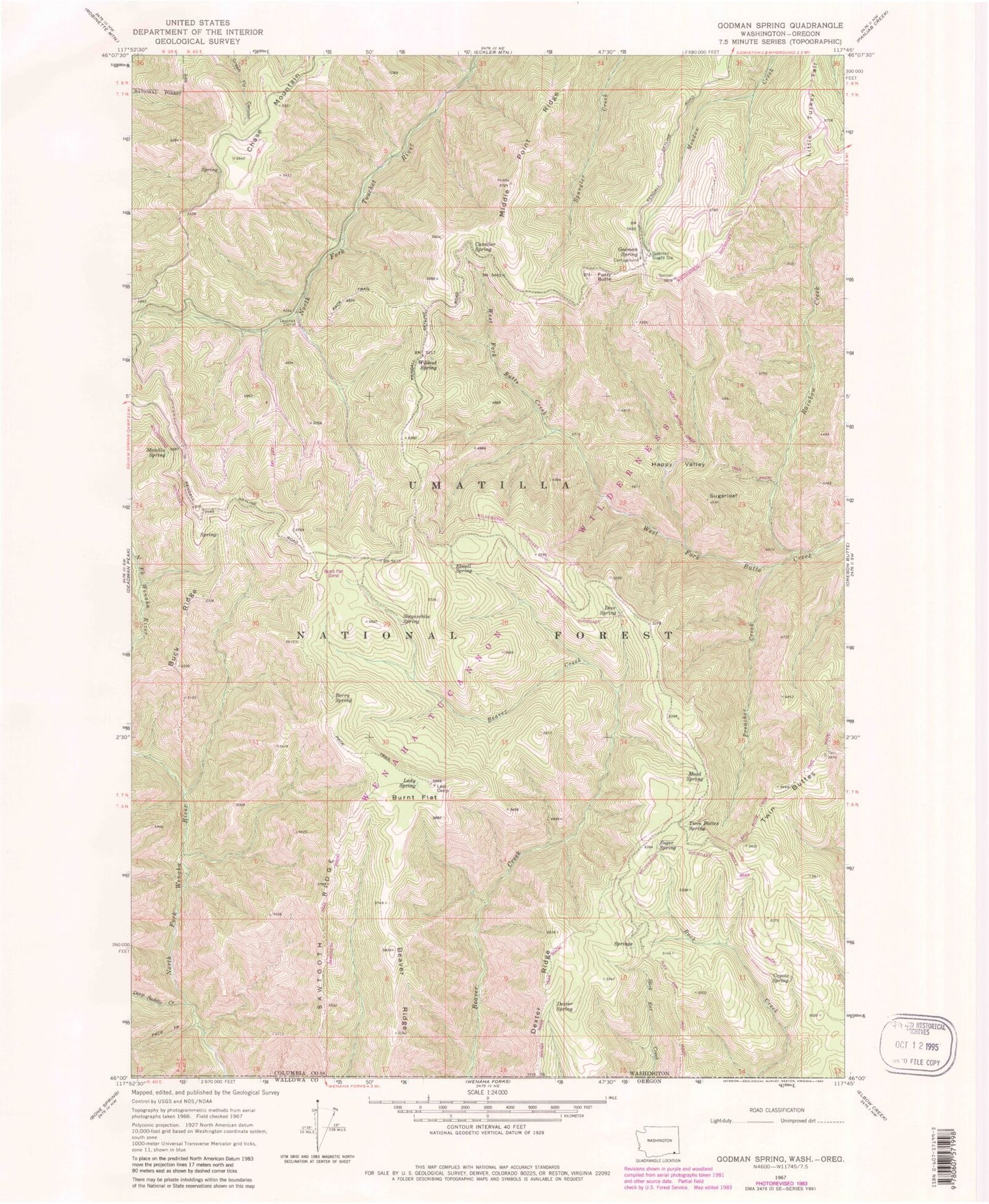 Classic USGS Godman Spring Washington 7.5'x7.5' Topo Map Image