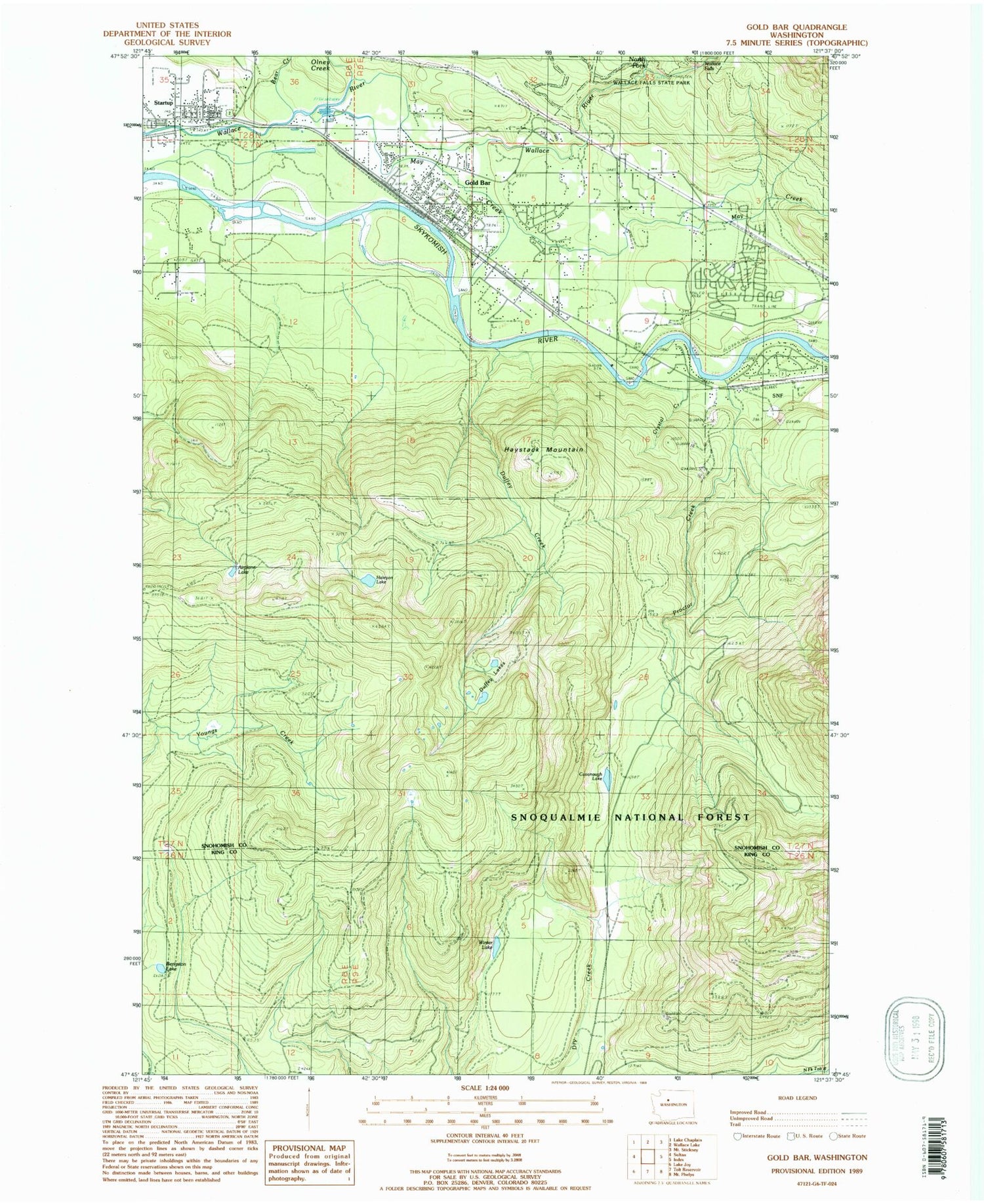 Classic USGS Gold Bar Washington 7.5'x7.5' Topo Map Image