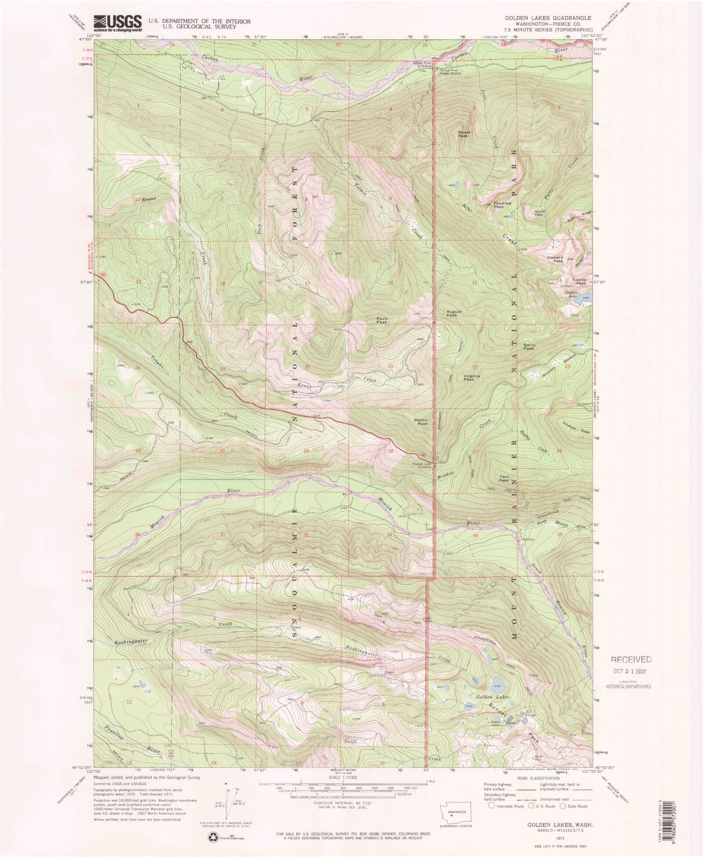 Classic USGS Golden Lakes Washington 7.5'x7.5' Topo Map Image