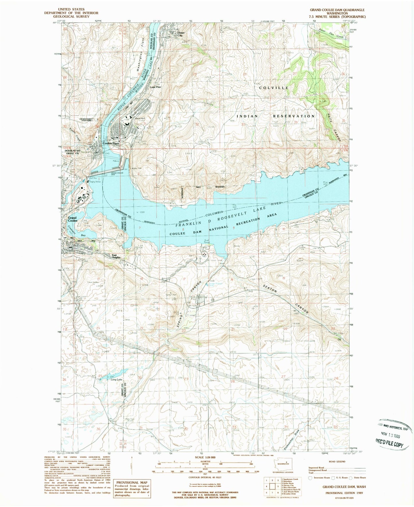 Classic USGS Grand Coulee Dam Washington 7.5'x7.5' Topo Map Image