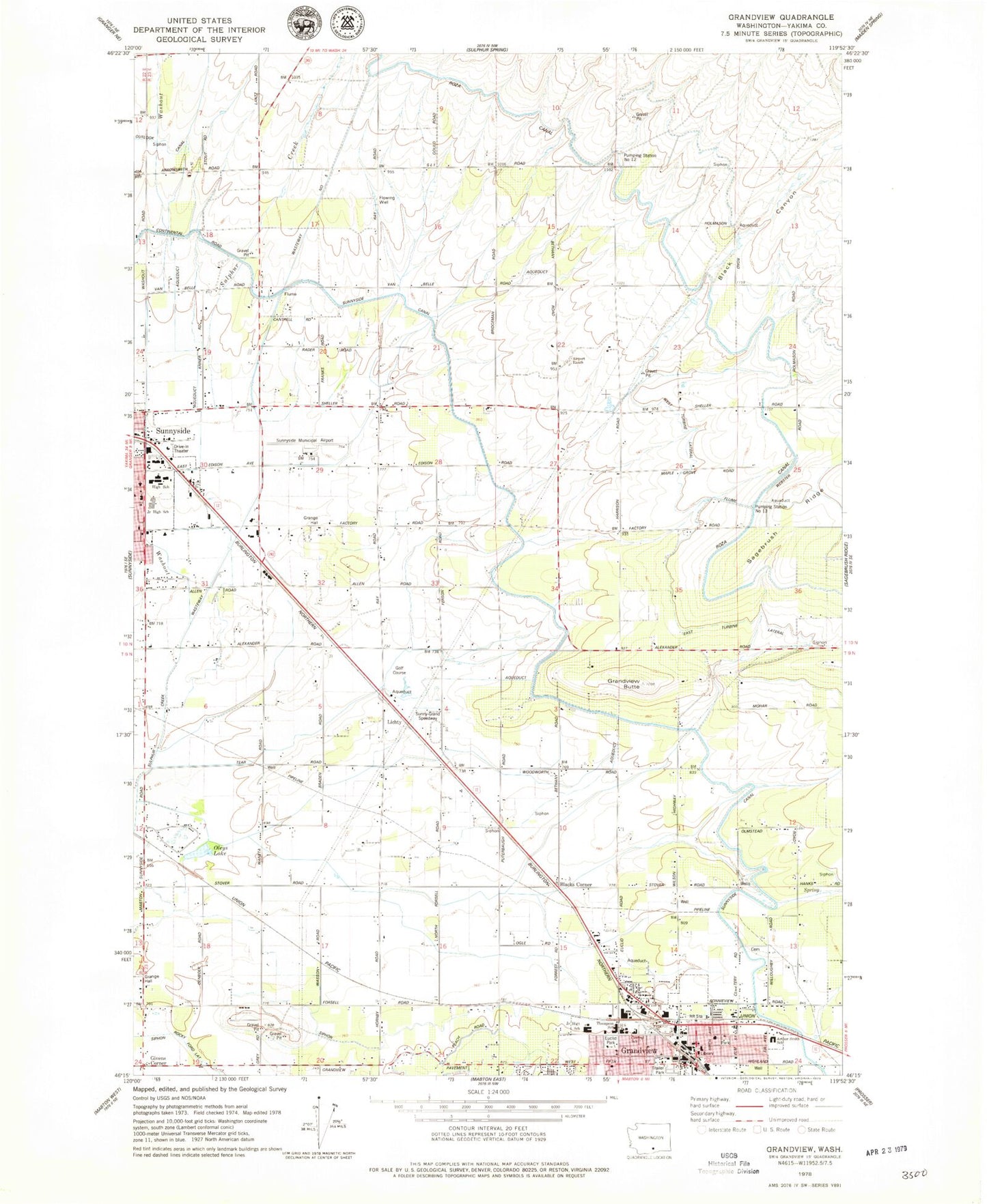 Classic USGS Grandview Washington 7.5'x7.5' Topo Map Image
