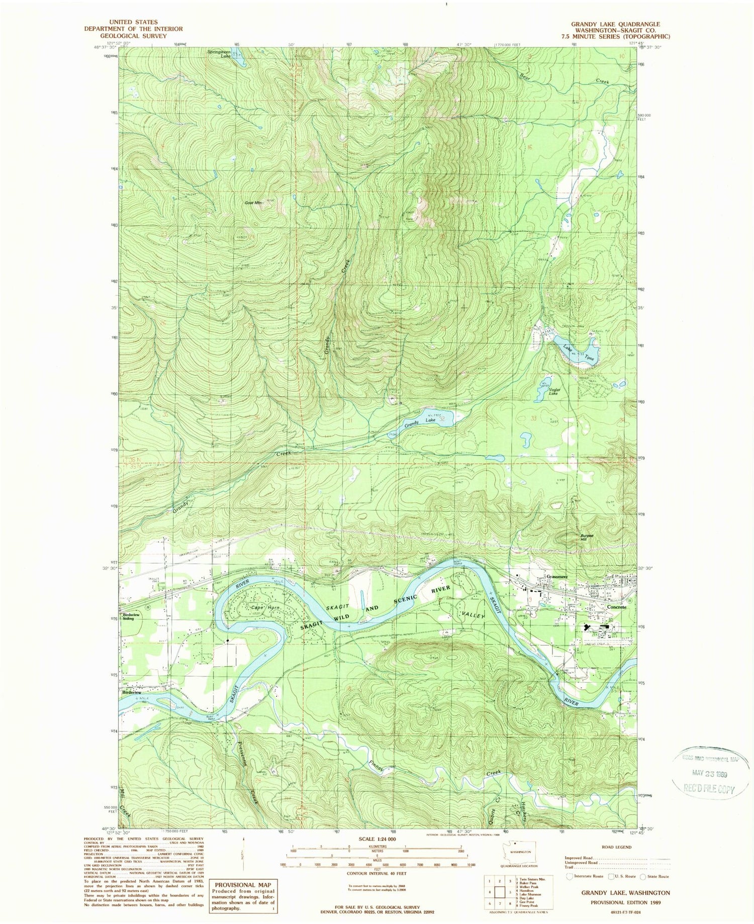 Classic USGS Grandy Lake Washington 7.5'x7.5' Topo Map Image