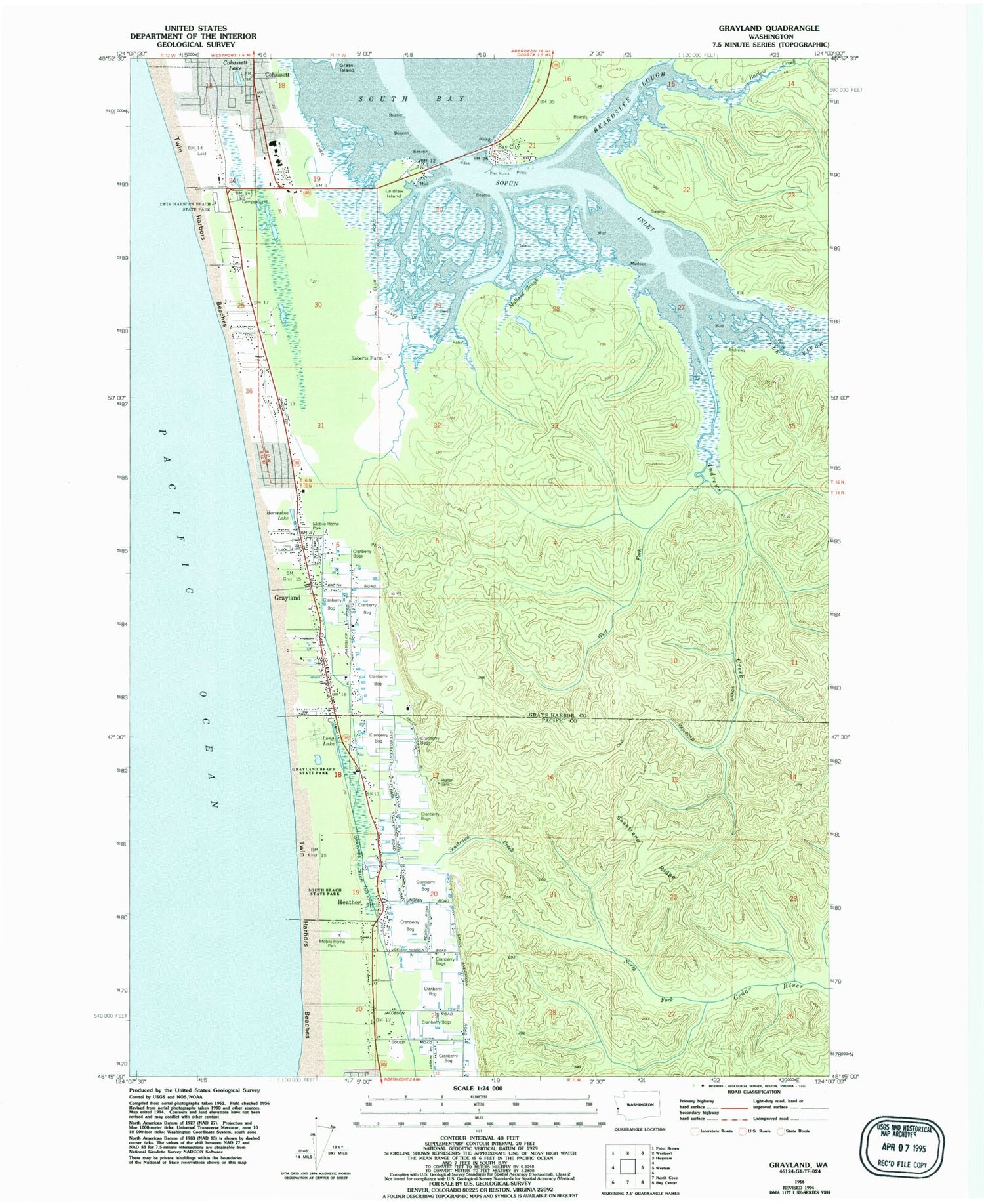 Classic USGS Grayland Washington 7.5'x7.5' Topo Map Image