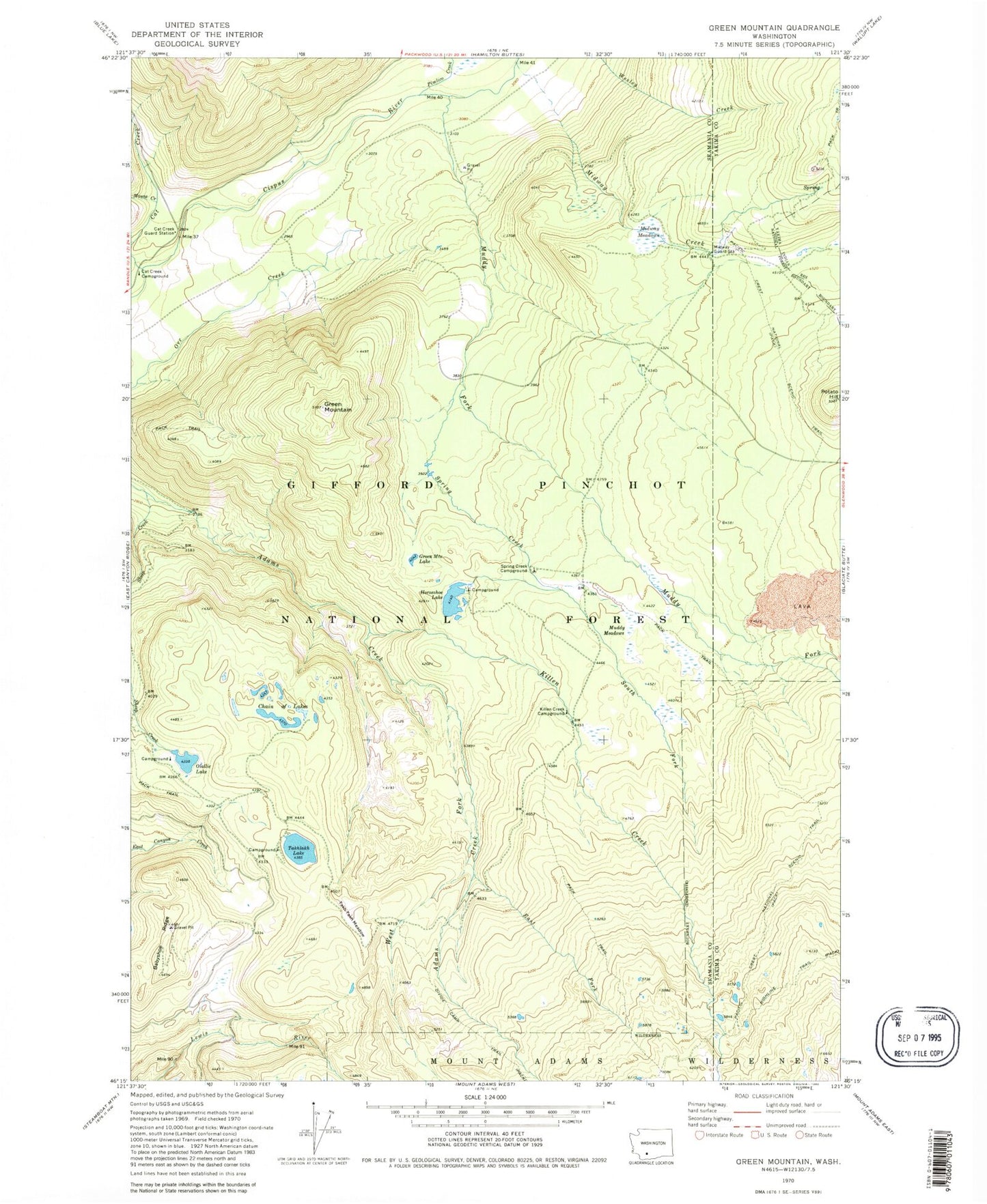 Classic USGS Green Mountain Washington 7.5'x7.5' Topo Map Image