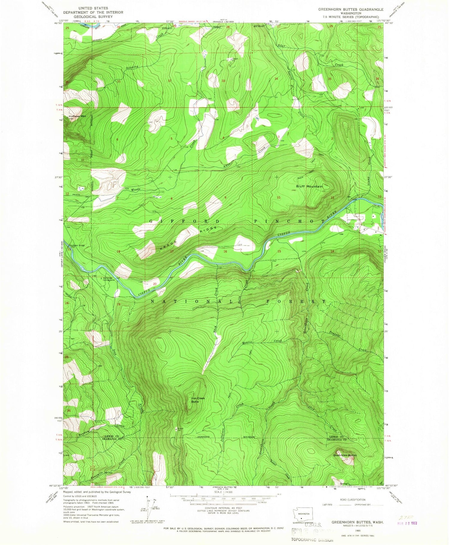 Classic USGS Greenhorn Buttes Washington 7.5'x7.5' Topo Map Image