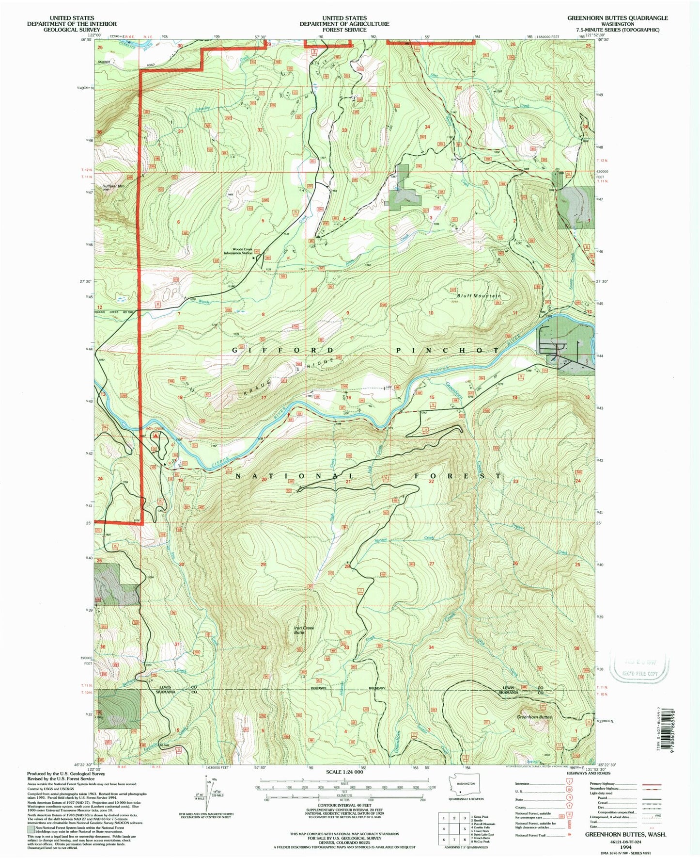 Classic USGS Greenhorn Buttes Washington 7.5'x7.5' Topo Map Image