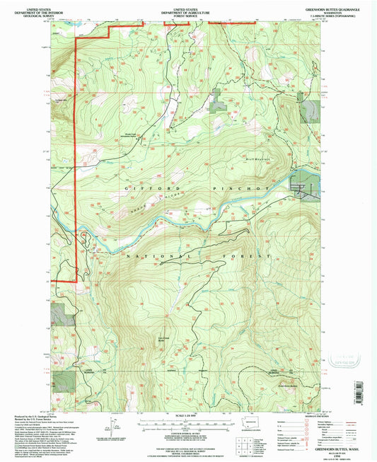 Classic USGS Greenhorn Buttes Washington 7.5'x7.5' Topo Map Image