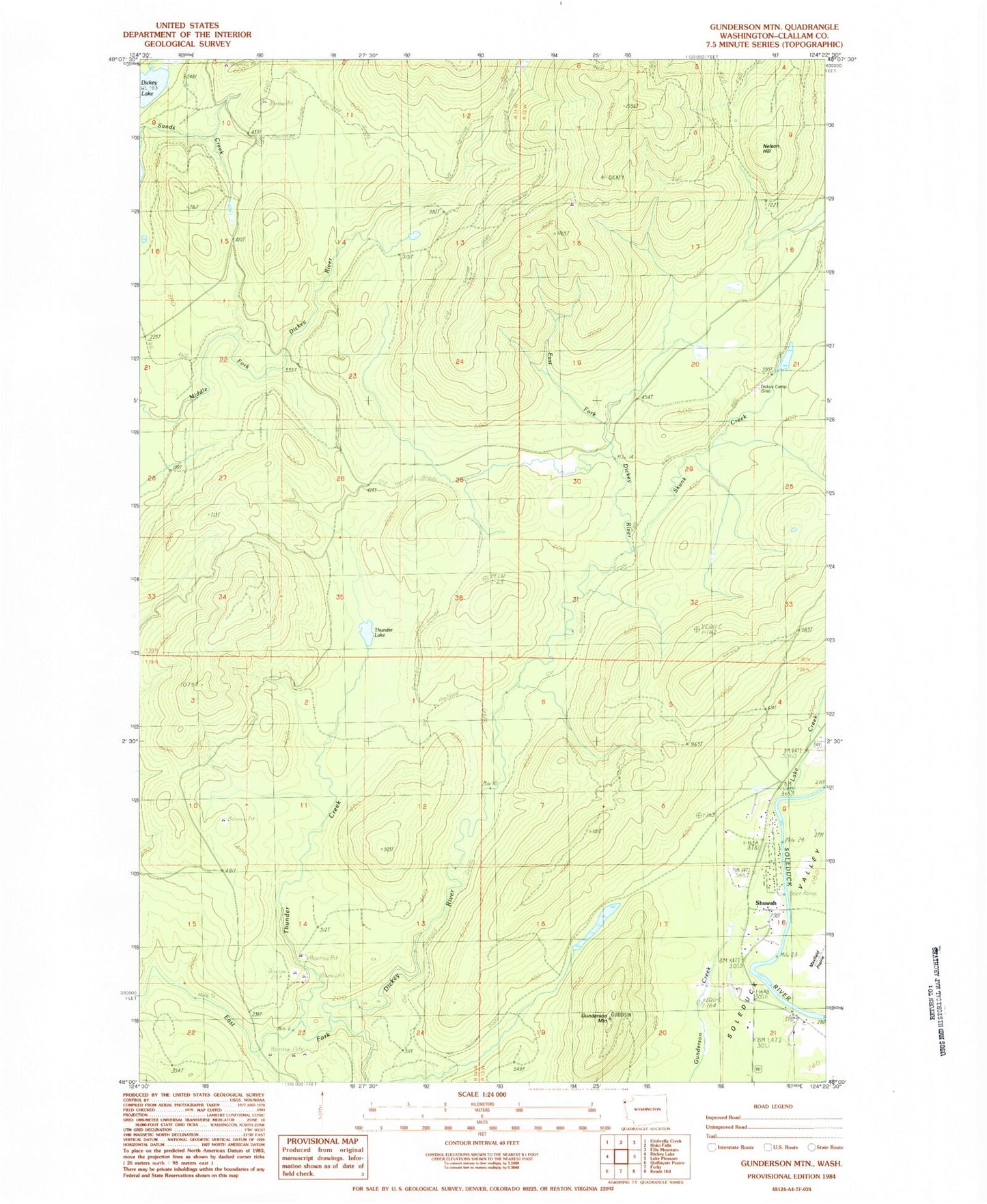 Classic USGS Gunderson Mountain Washington 7.5'x7.5' Topo Map Image
