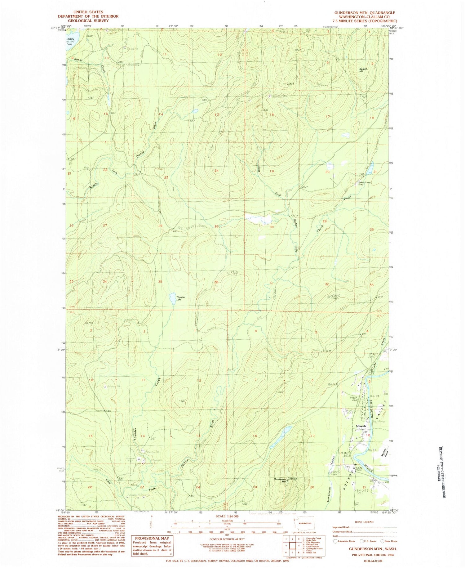 Classic USGS Gunderson Mountain Washington 7.5'x7.5' Topo Map Image