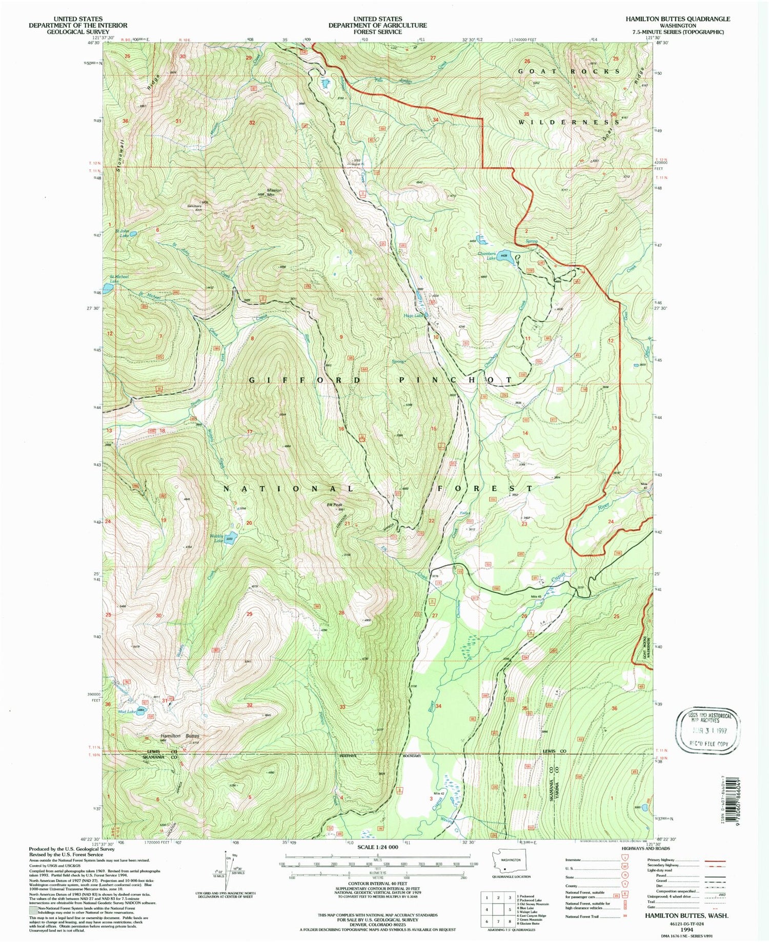 Classic USGS Hamilton Buttes Washington 7.5'x7.5' Topo Map Image