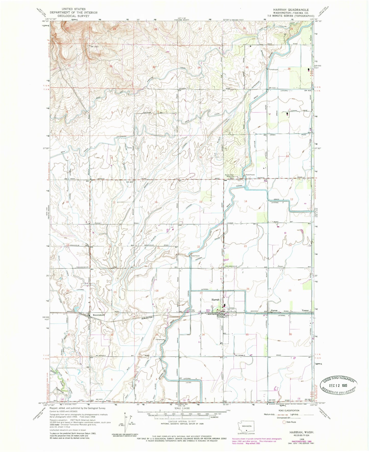 Classic USGS Harrah Washington 7.5'x7.5' Topo Map Image