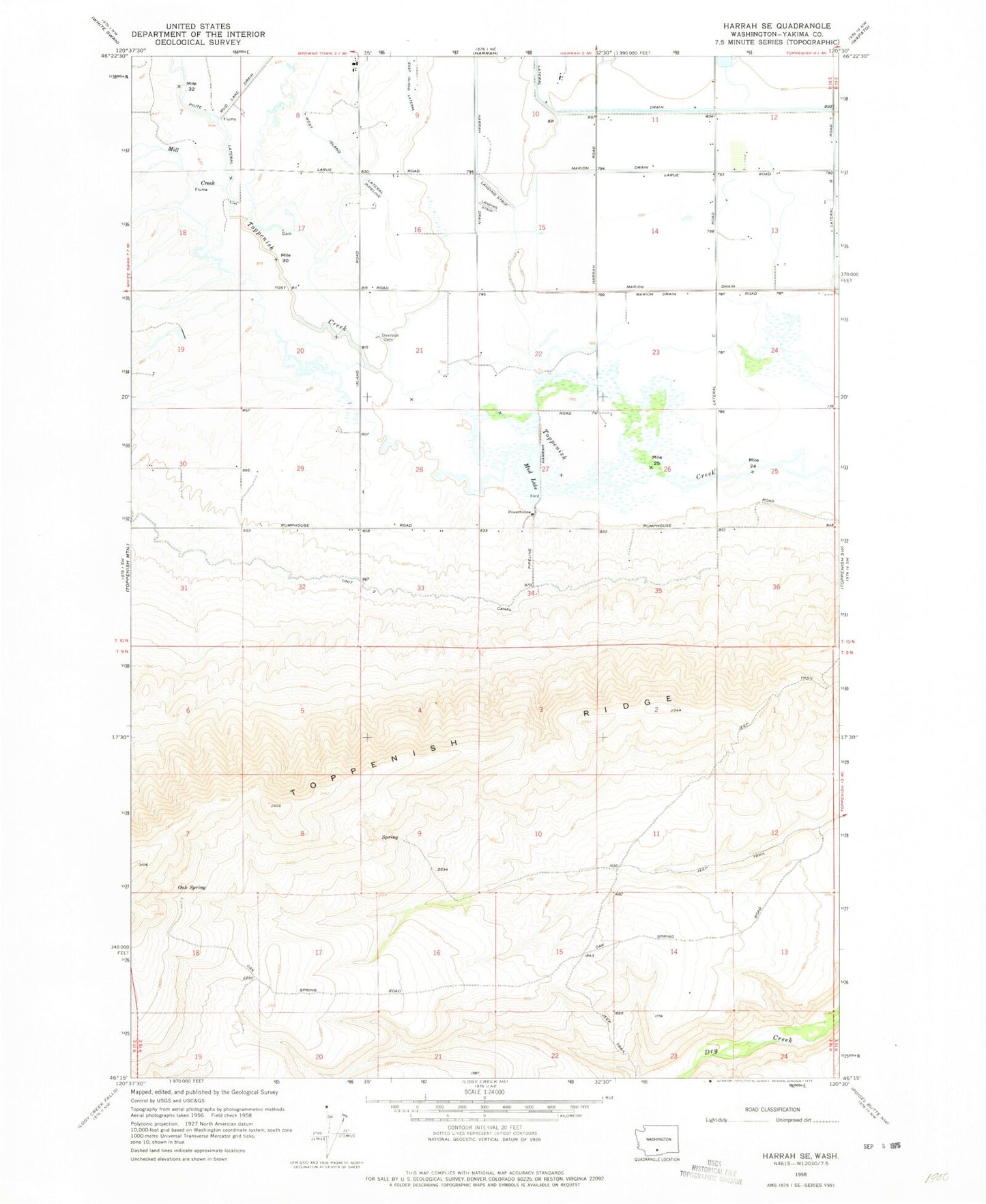 Classic USGS Harrah SE Washington 7.5'x7.5' Topo Map Image