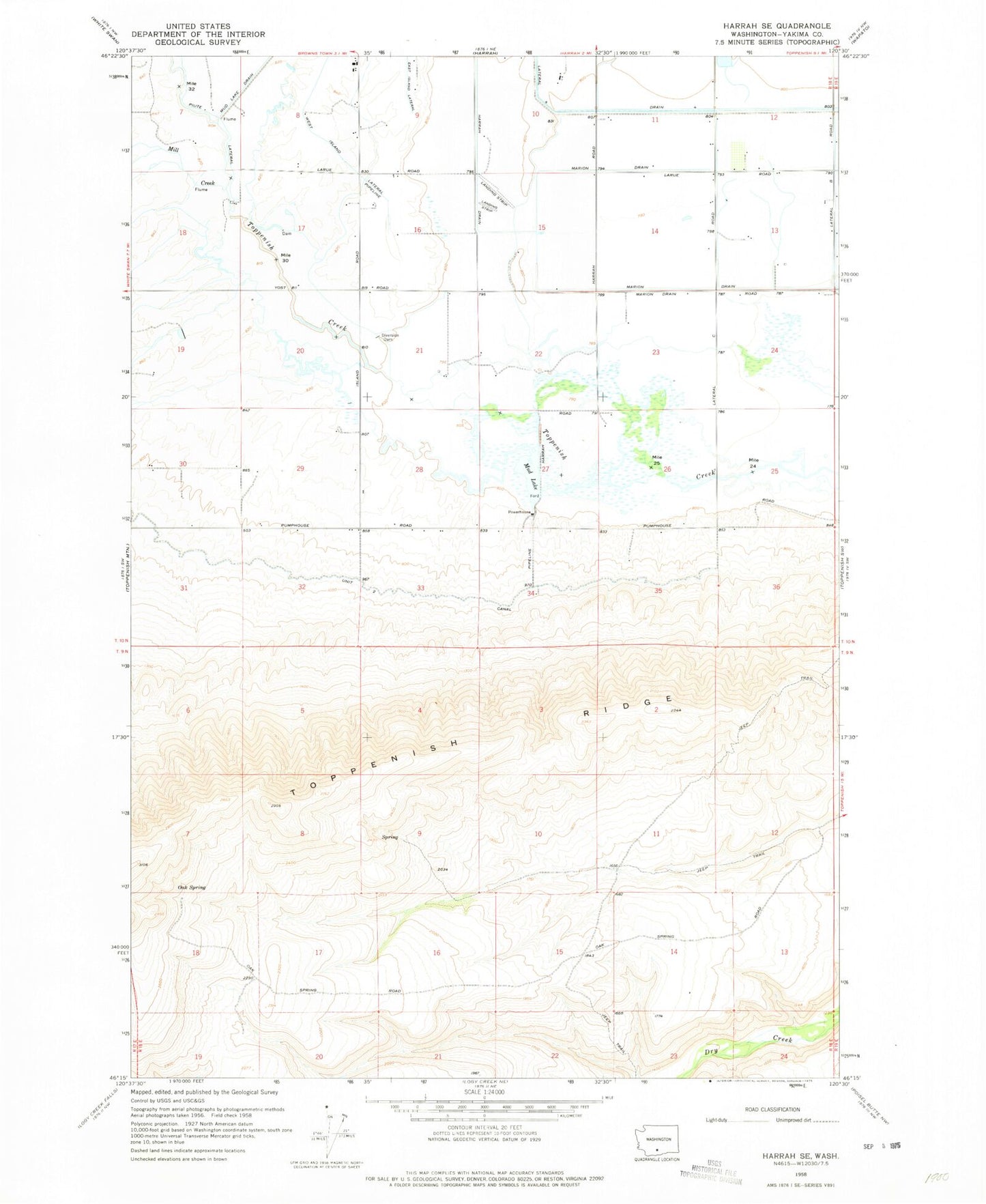 Classic USGS Harrah SE Washington 7.5'x7.5' Topo Map Image