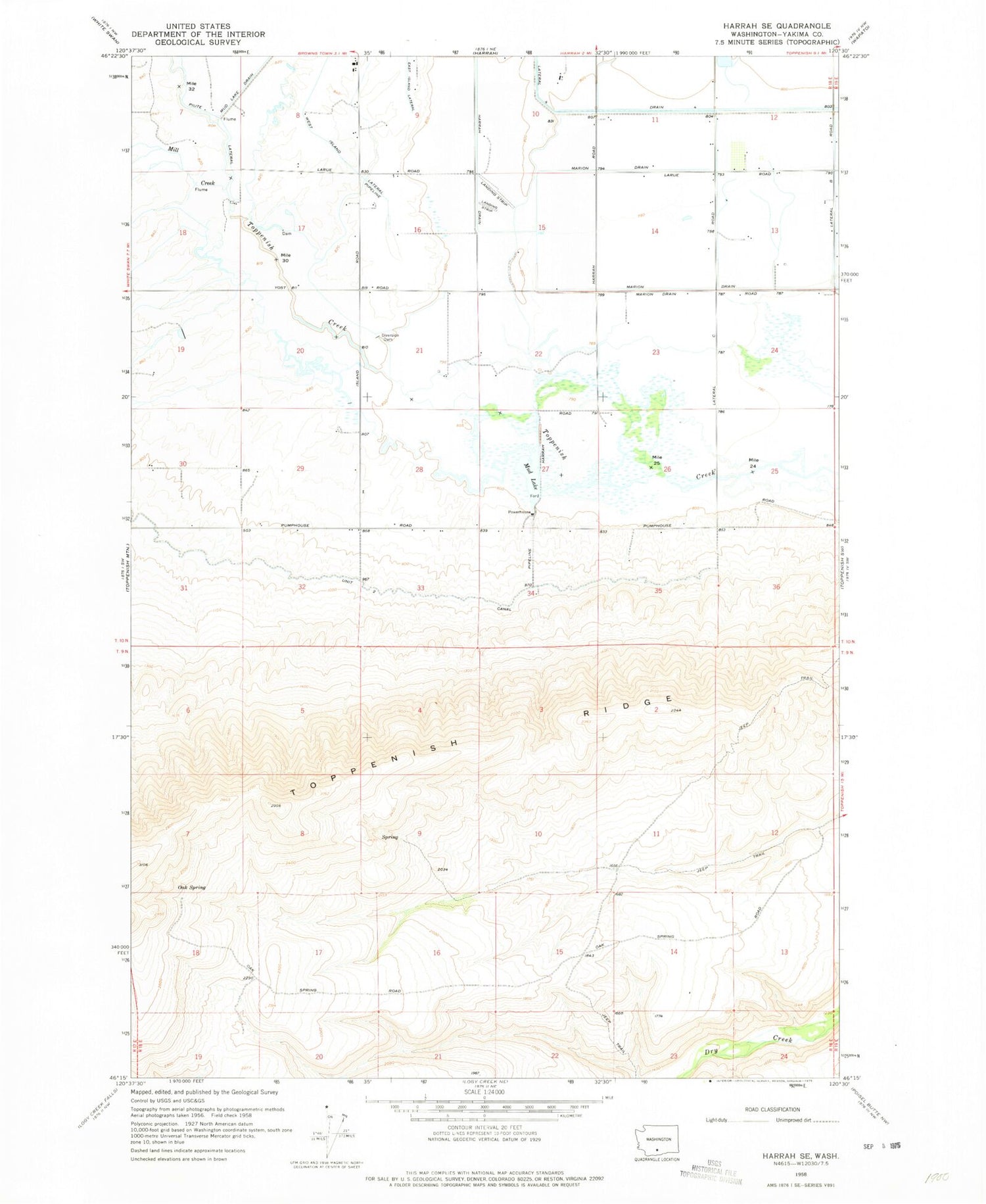 Classic USGS Harrah SE Washington 7.5'x7.5' Topo Map Image