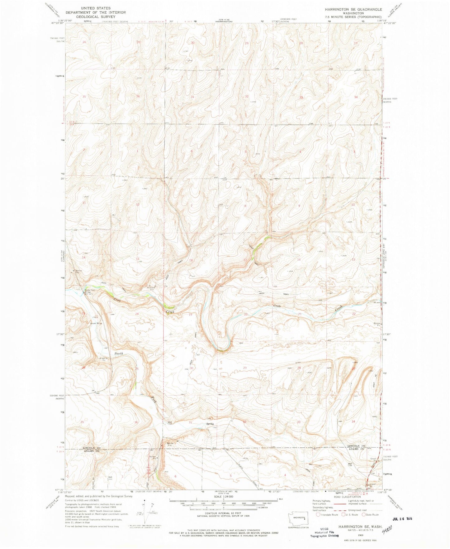 Classic USGS Harrington SE Washington 7.5'x7.5' Topo Map Image