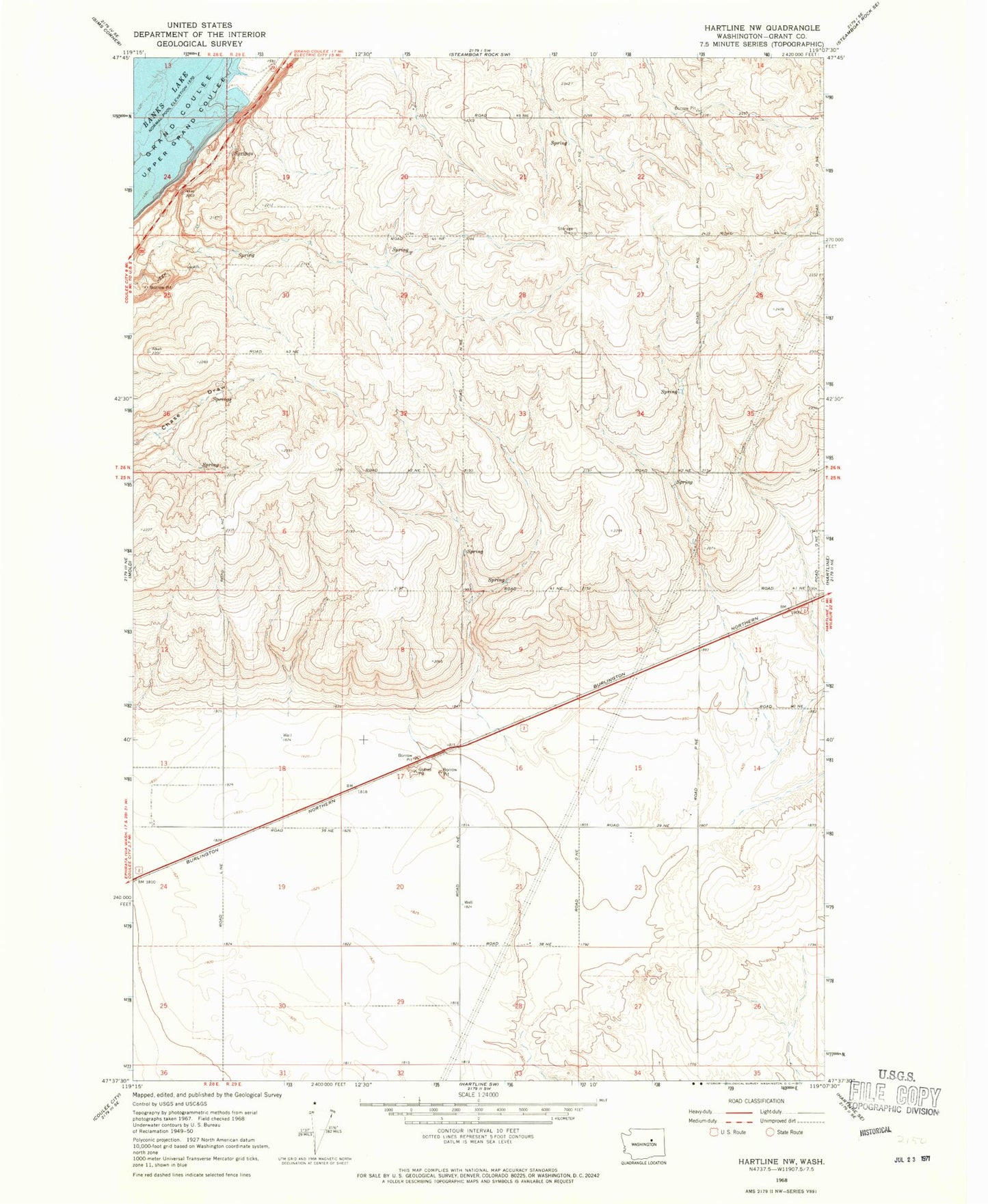 Classic USGS Hartline NW Washington 7.5'x7.5' Topo Map Image