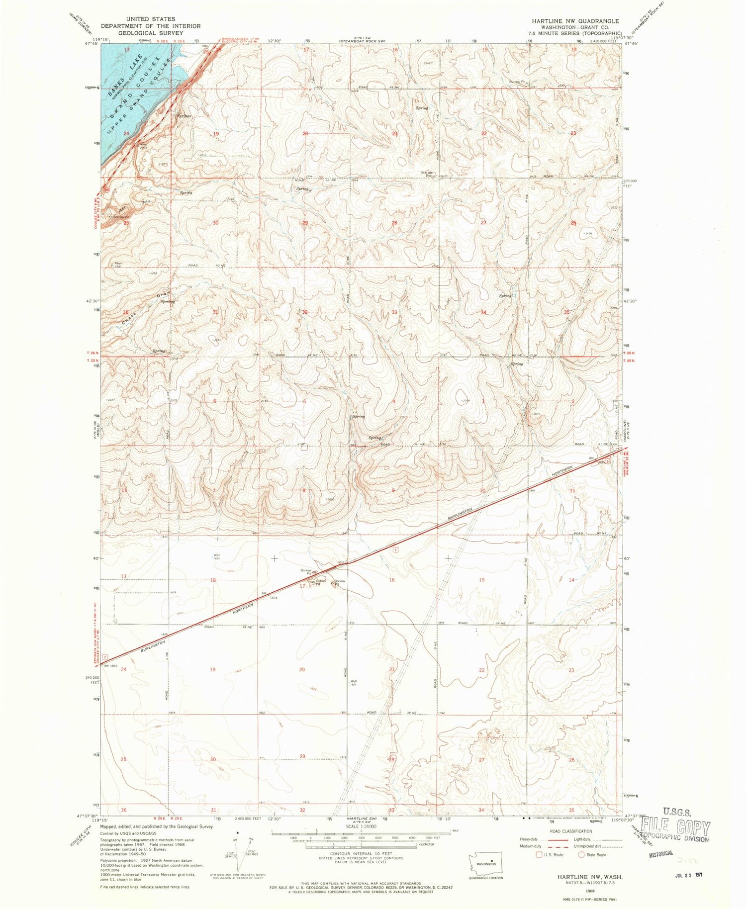 Classic USGS Hartline NW Washington 7.5'x7.5' Topo Map Image