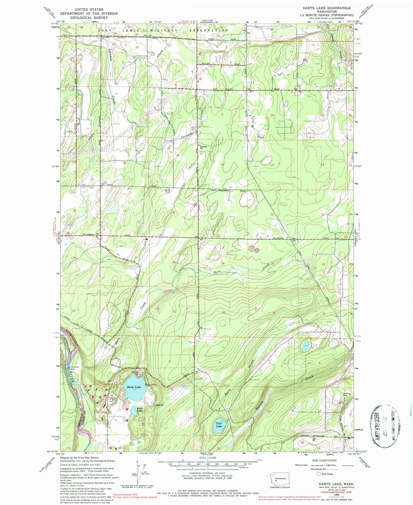 Classic USGS Harts Lake Washington 7.5'x7.5' Topo Map Image