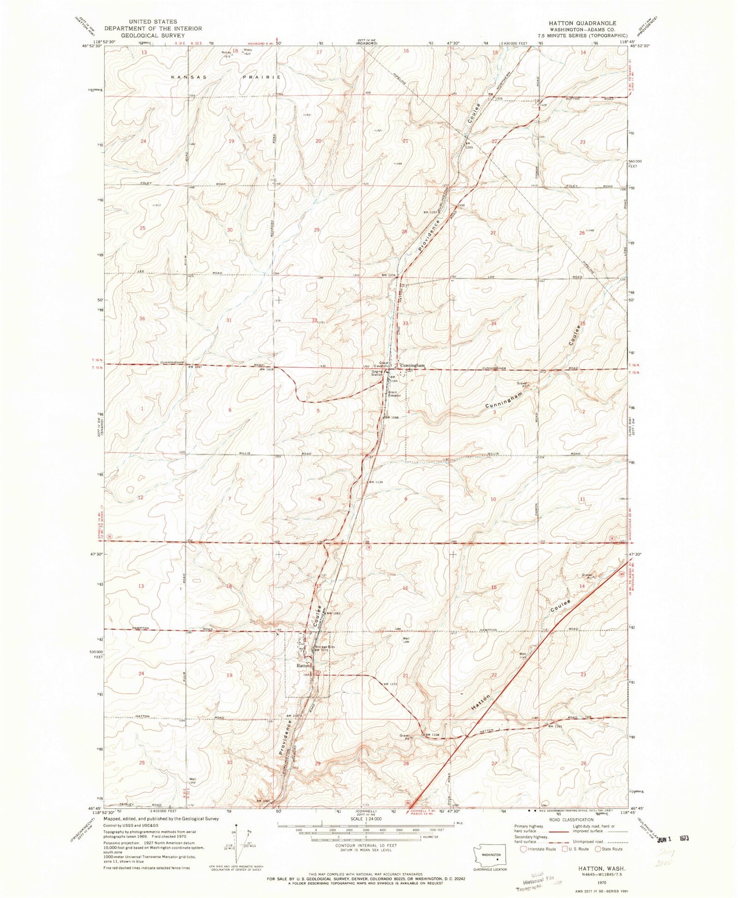 Classic USGS Hatton Washington 7.5'x7.5' Topo Map Image