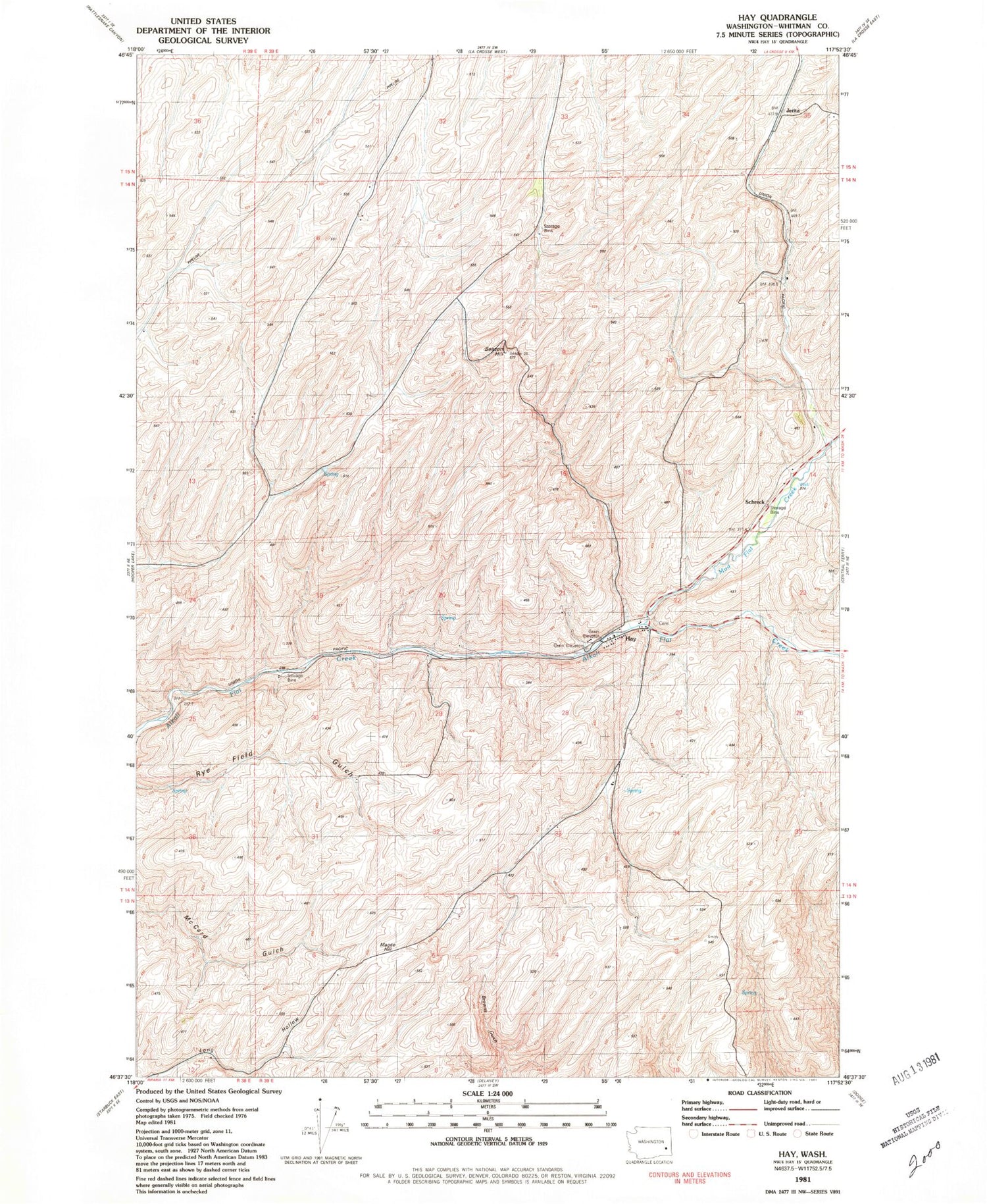 Classic USGS Hay Washington 7.5'x7.5' Topo Map Image