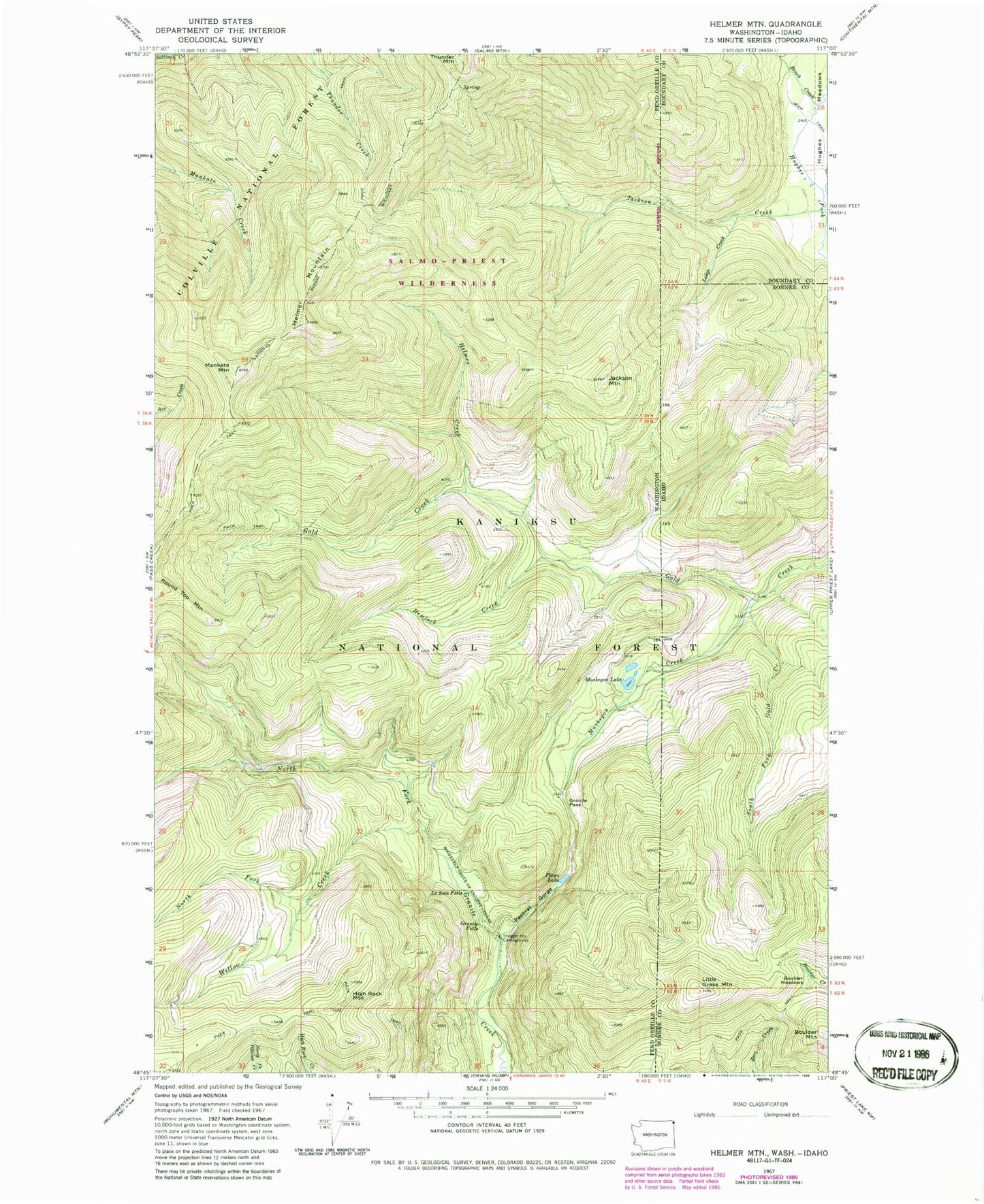 Classic USGS Helmer Mountain Washington 7.5'x7.5' Topo Map Image