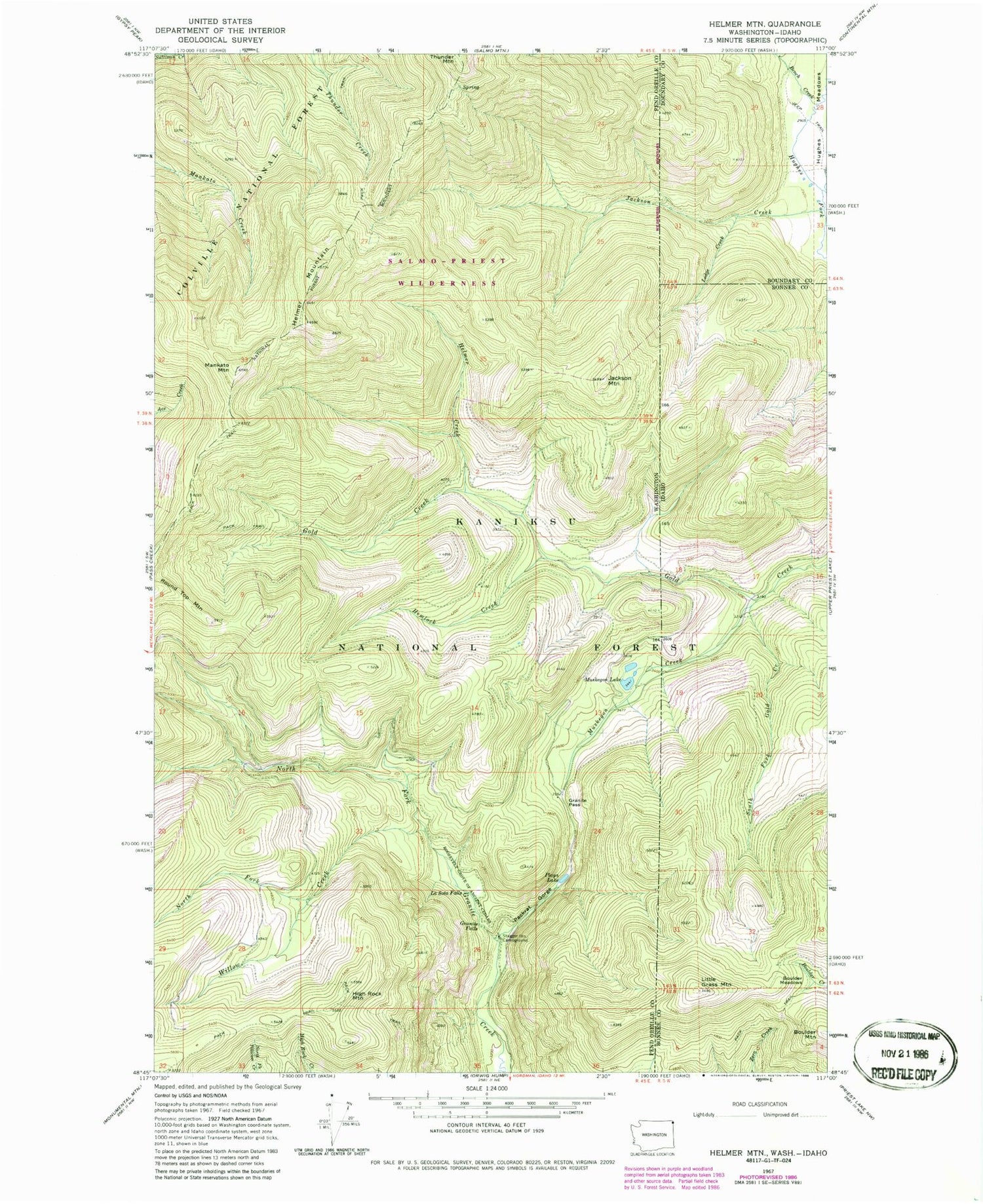 Classic USGS Helmer Mountain Washington 7.5'x7.5' Topo Map Image