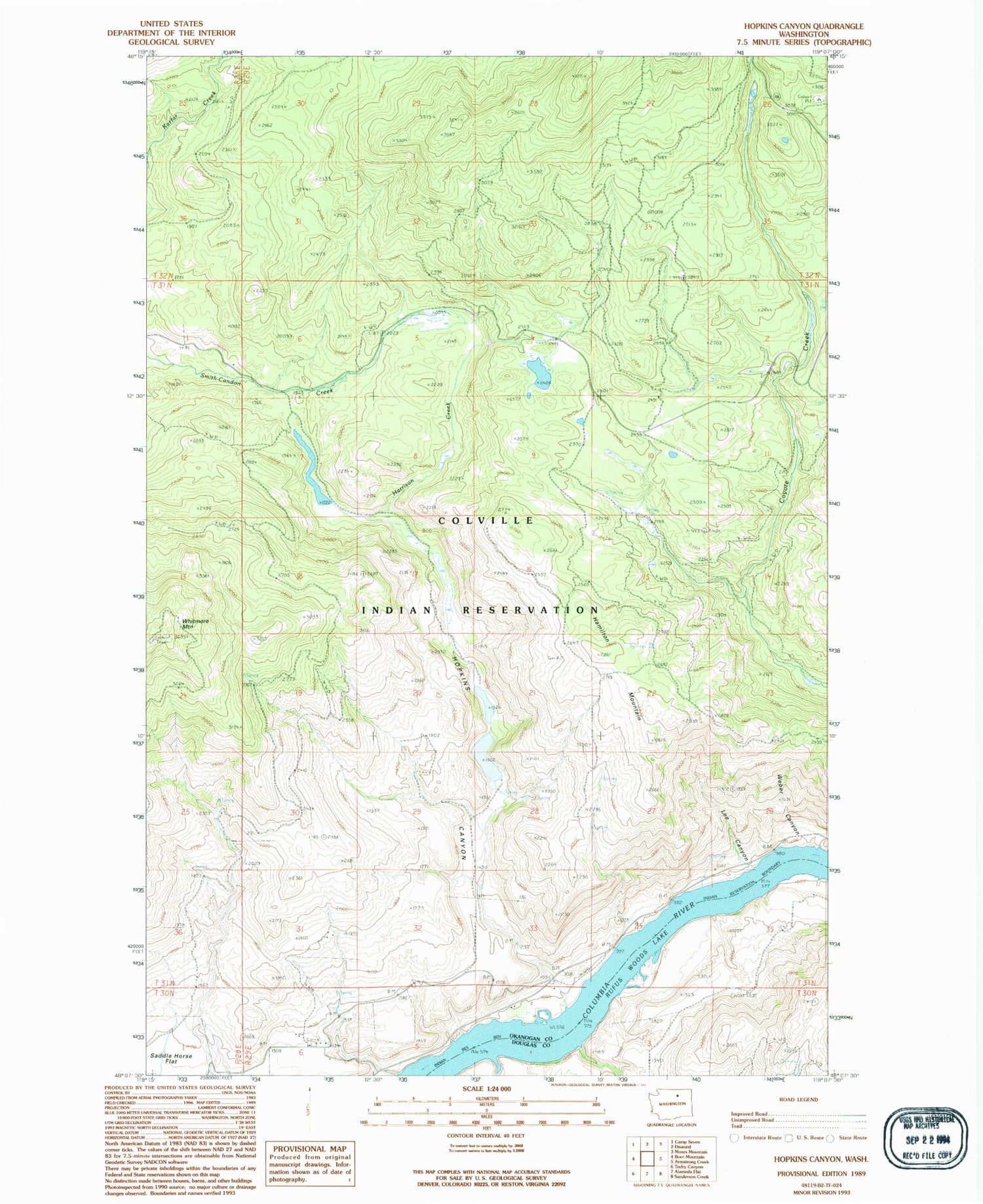 Classic USGS Hopkins Canyon Washington 7.5'x7.5' Topo Map Image
