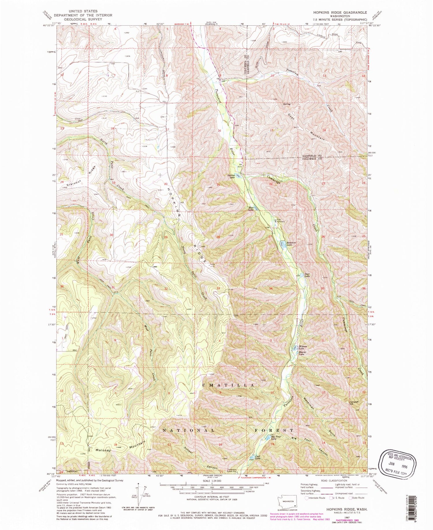 Classic USGS Hopkins Ridge Washington 7.5'x7.5' Topo Map Image