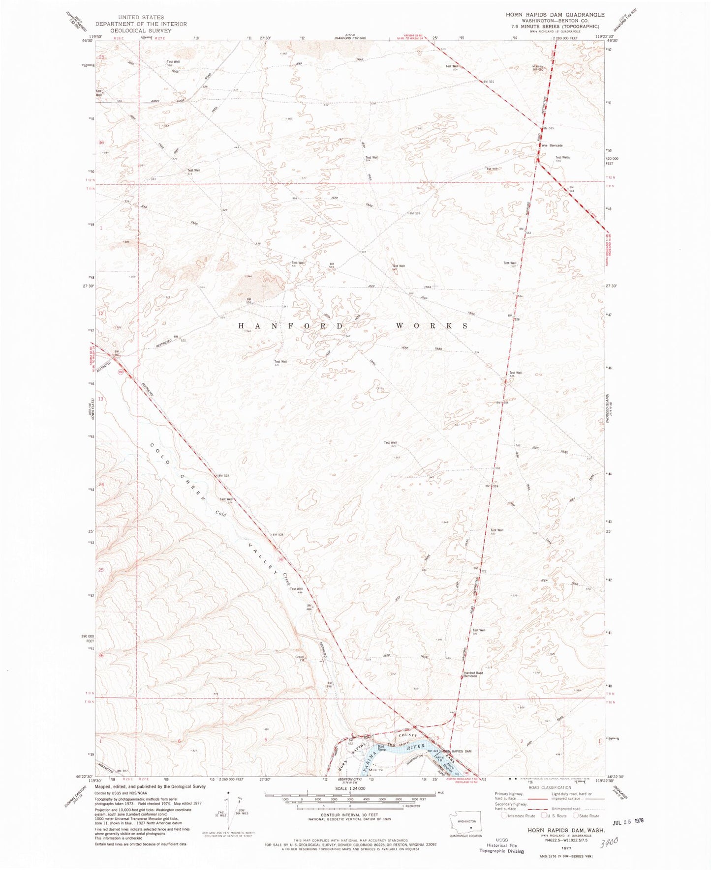 Classic USGS Horn Rapids Dam Washington 7.5'x7.5' Topo Map Image