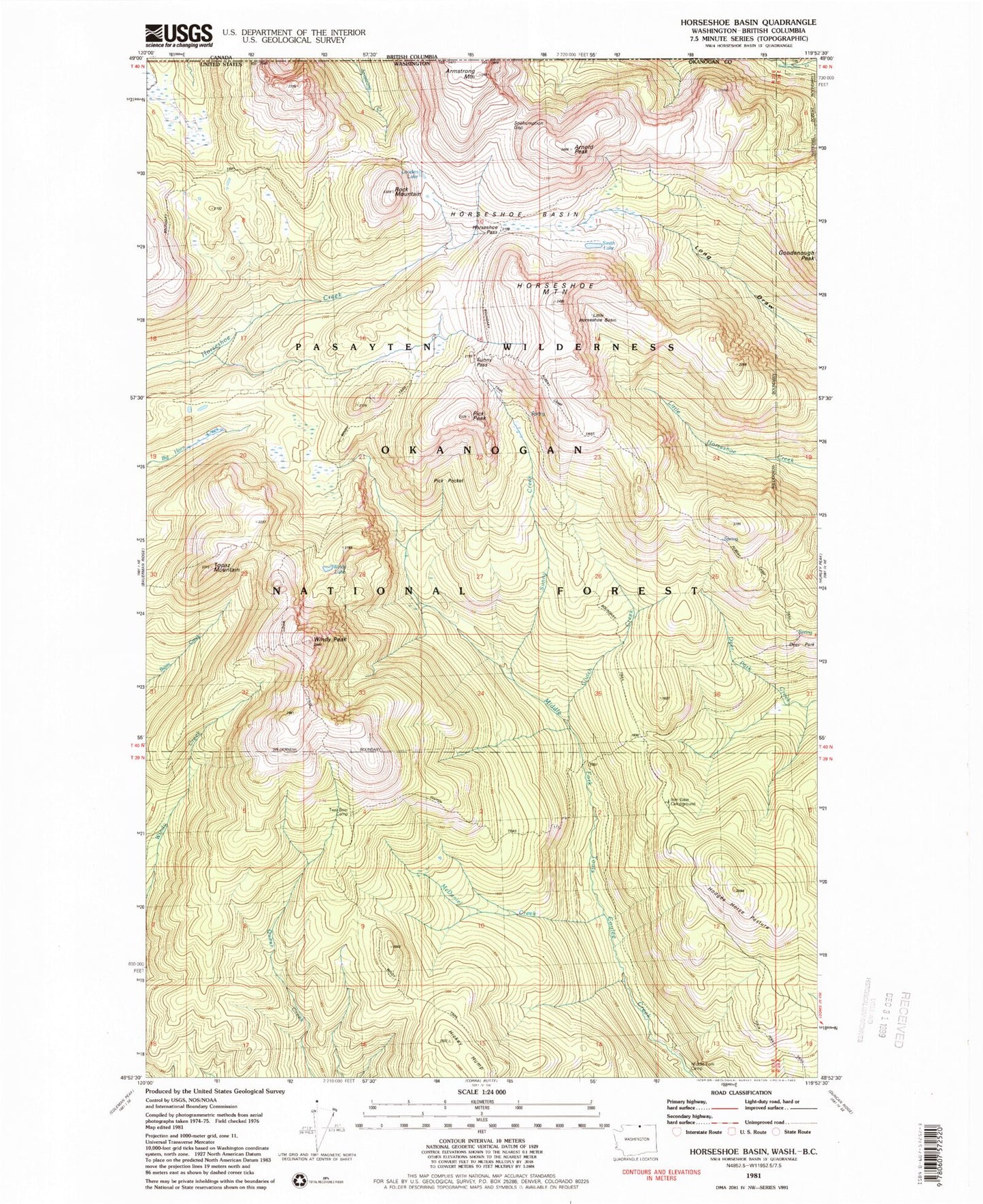 Classic USGS Horseshoe Basin Washington 7.5'x7.5' Topo Map Image
