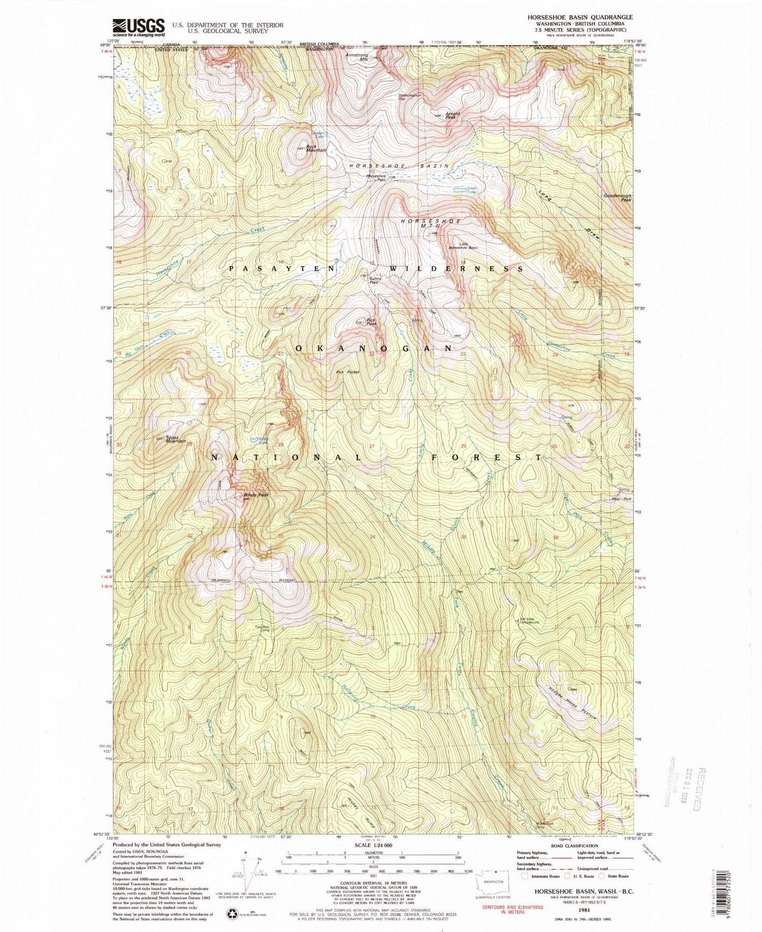 Classic USGS Horseshoe Basin Washington 7.5'x7.5' Topo Map Image