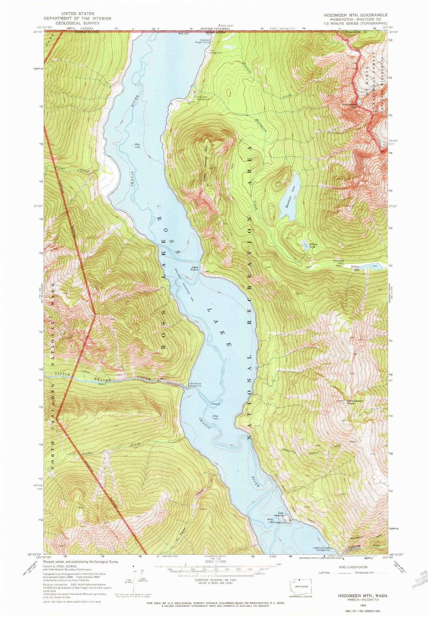 Classic USGS Hozomeen Mountain Washington 7.5'x7.5' Topo Map Image