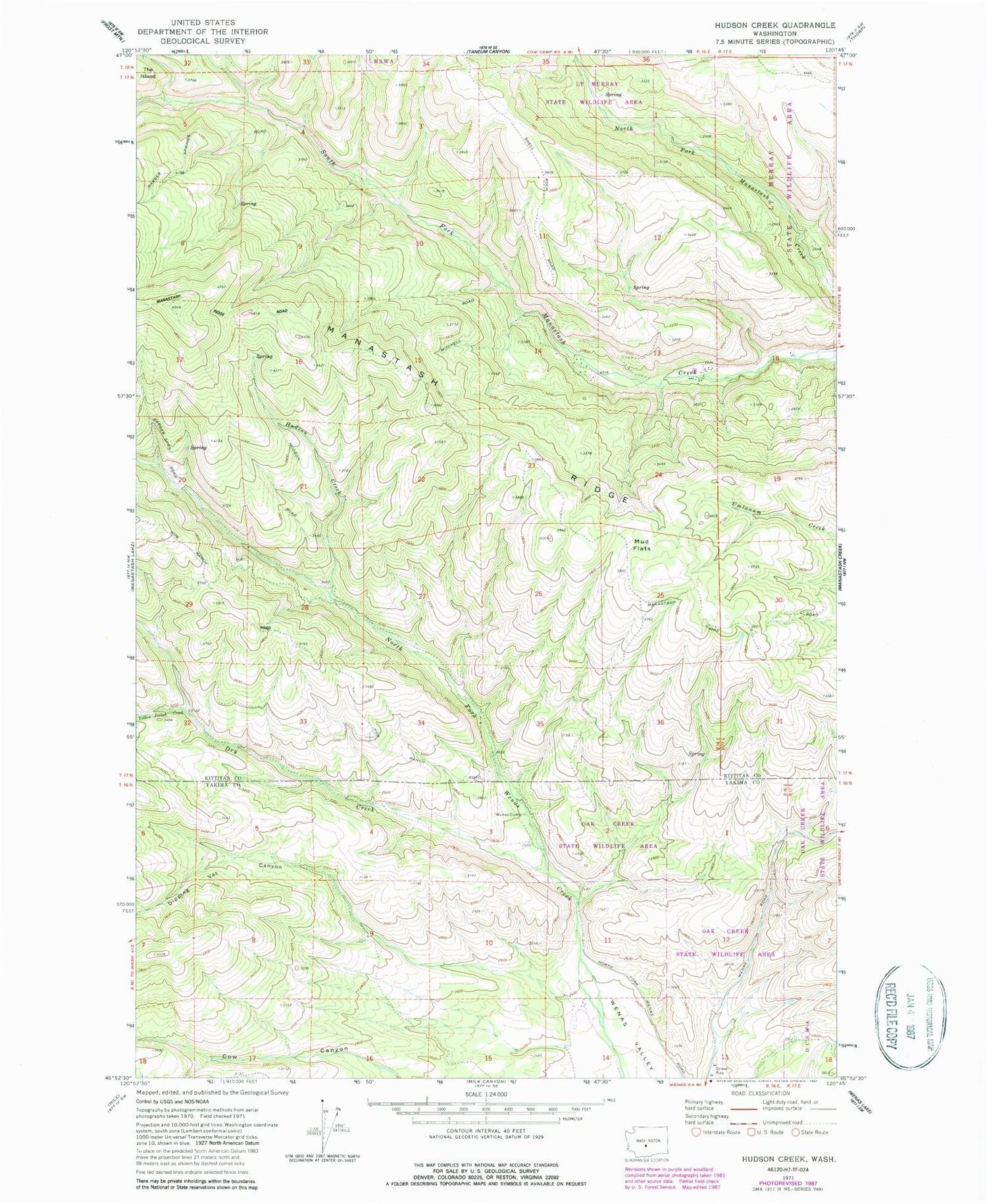 Classic USGS Hudson Creek Washington 7.5'x7.5' Topo Map Image