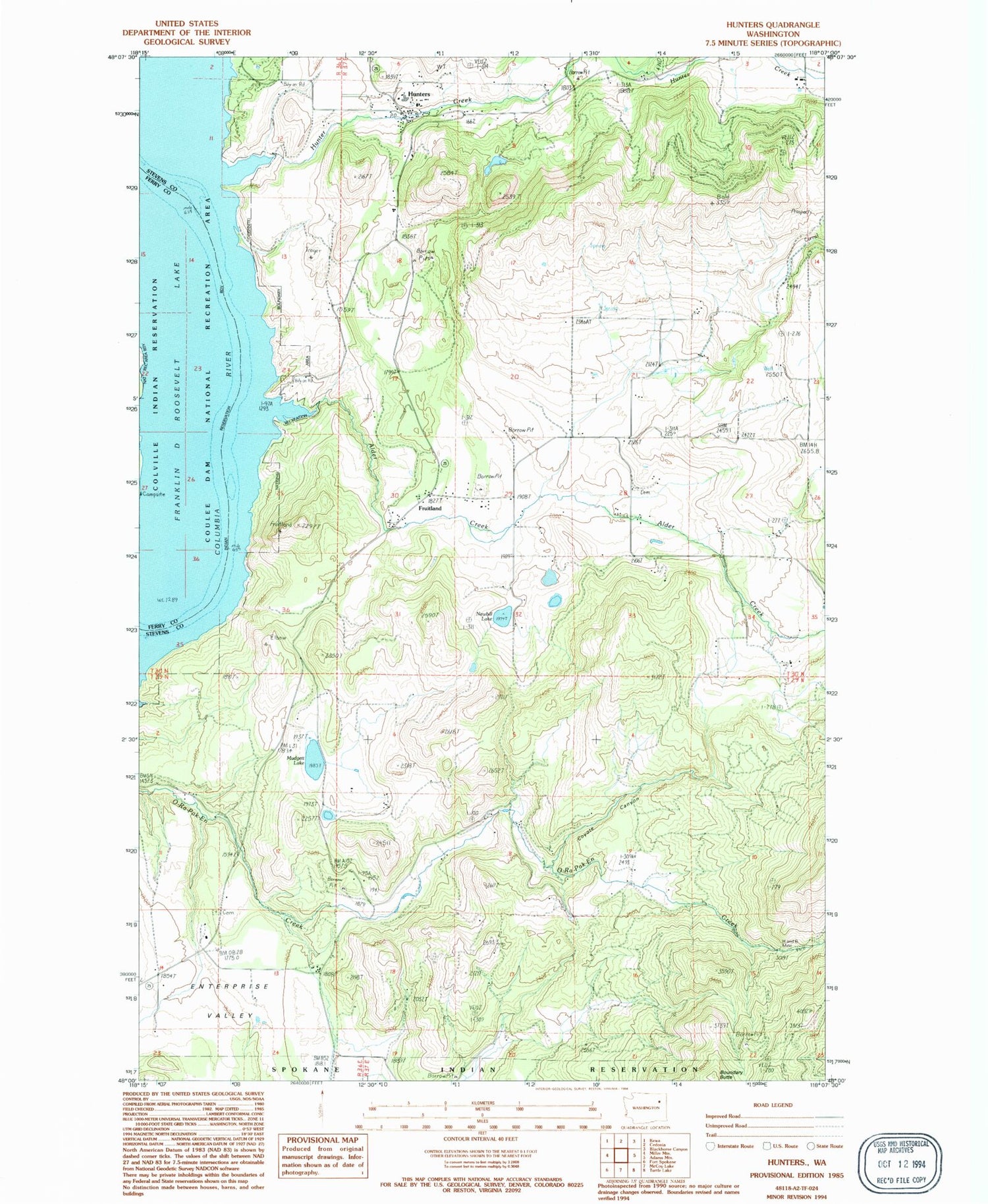 Classic USGS Hunters Washington 7.5'x7.5' Topo Map Image