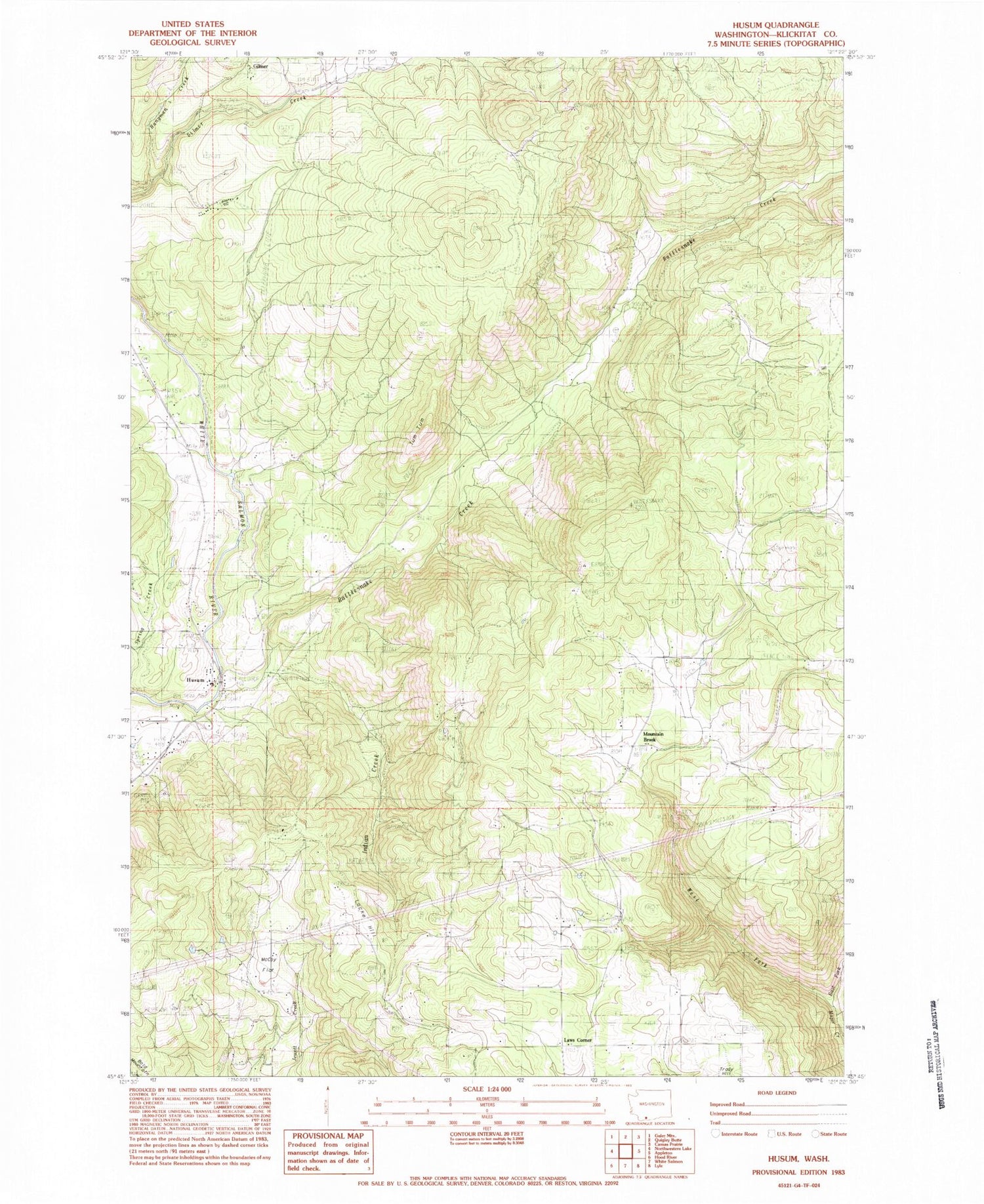 Classic USGS Husum Washington 7.5'x7.5' Topo Map Image