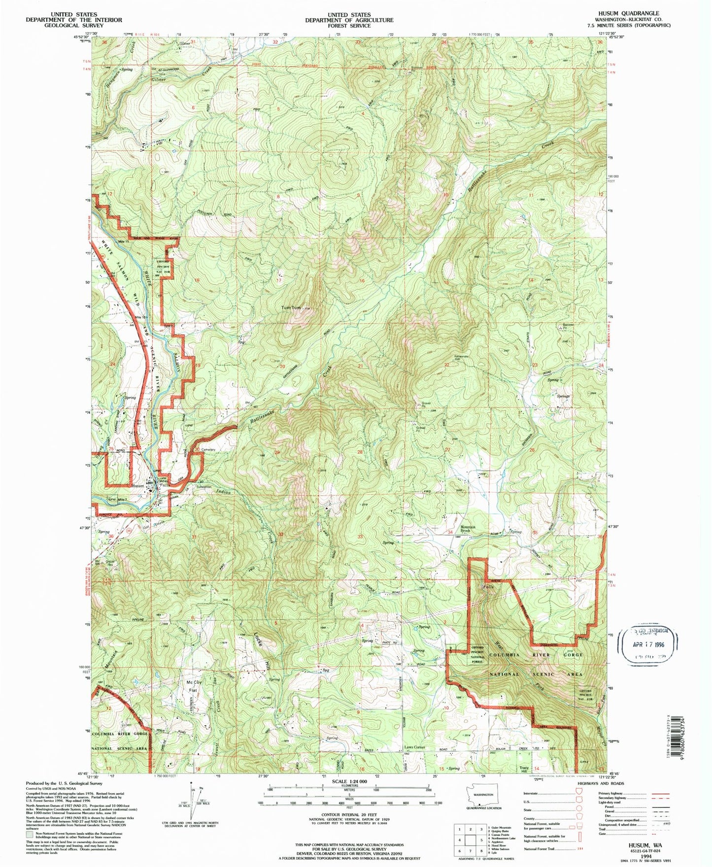 Classic USGS Husum Washington 7.5'x7.5' Topo Map Image