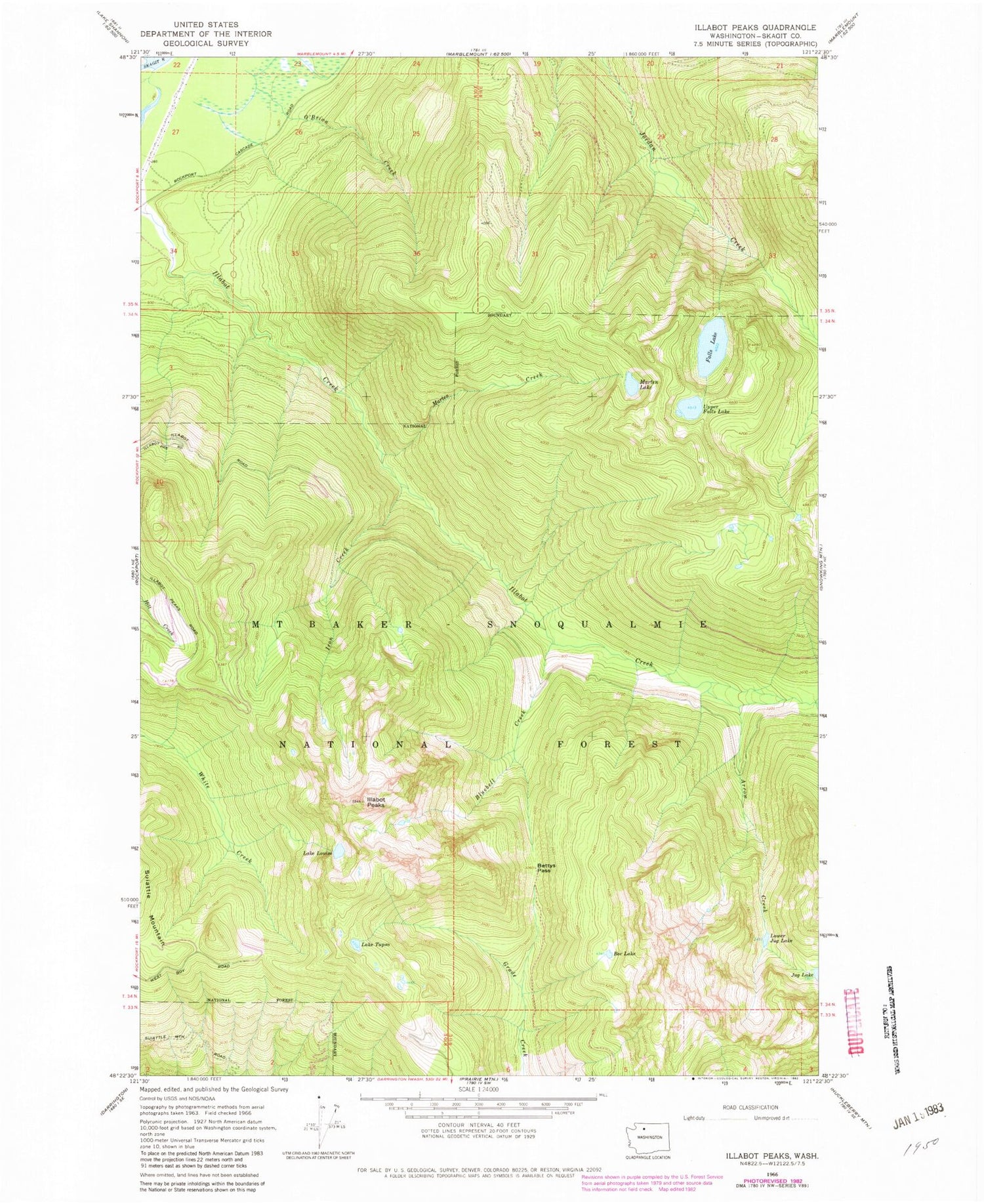 Classic USGS Illabot Peaks Washington 7.5'x7.5' Topo Map Image