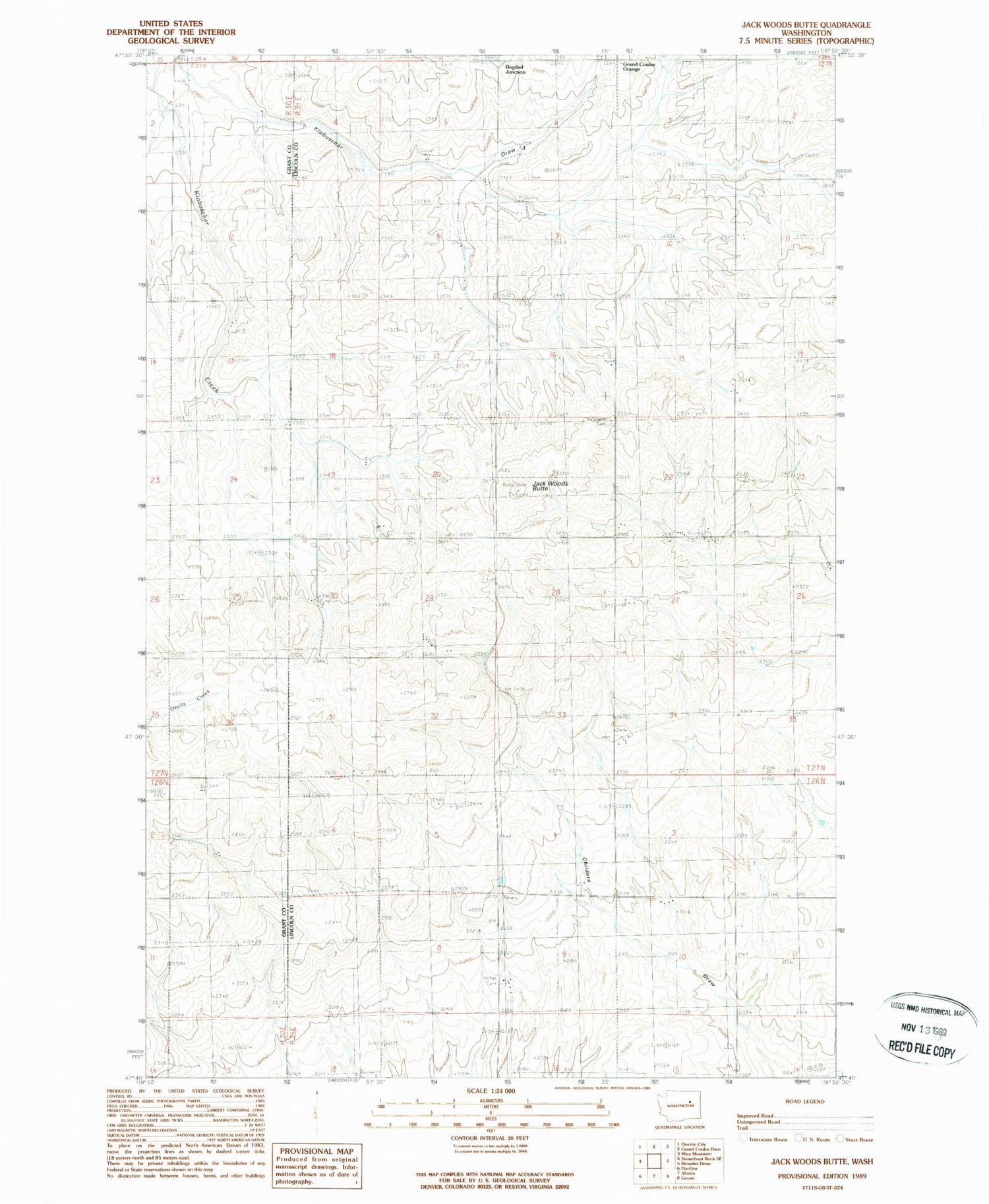 Classic USGS Jack Woods Butte Washington 7.5'x7.5' Topo Map Image