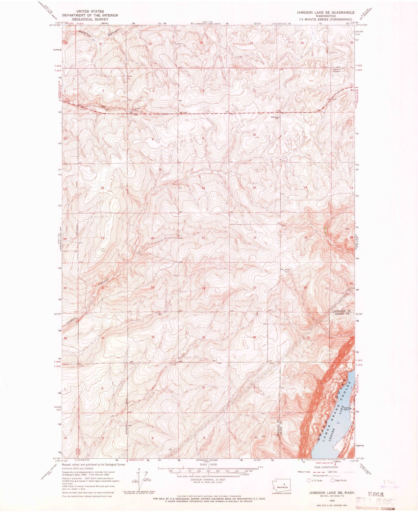 Classic USGS Jameson Lake SE Washington 7.5'x7.5' Topo Map Image