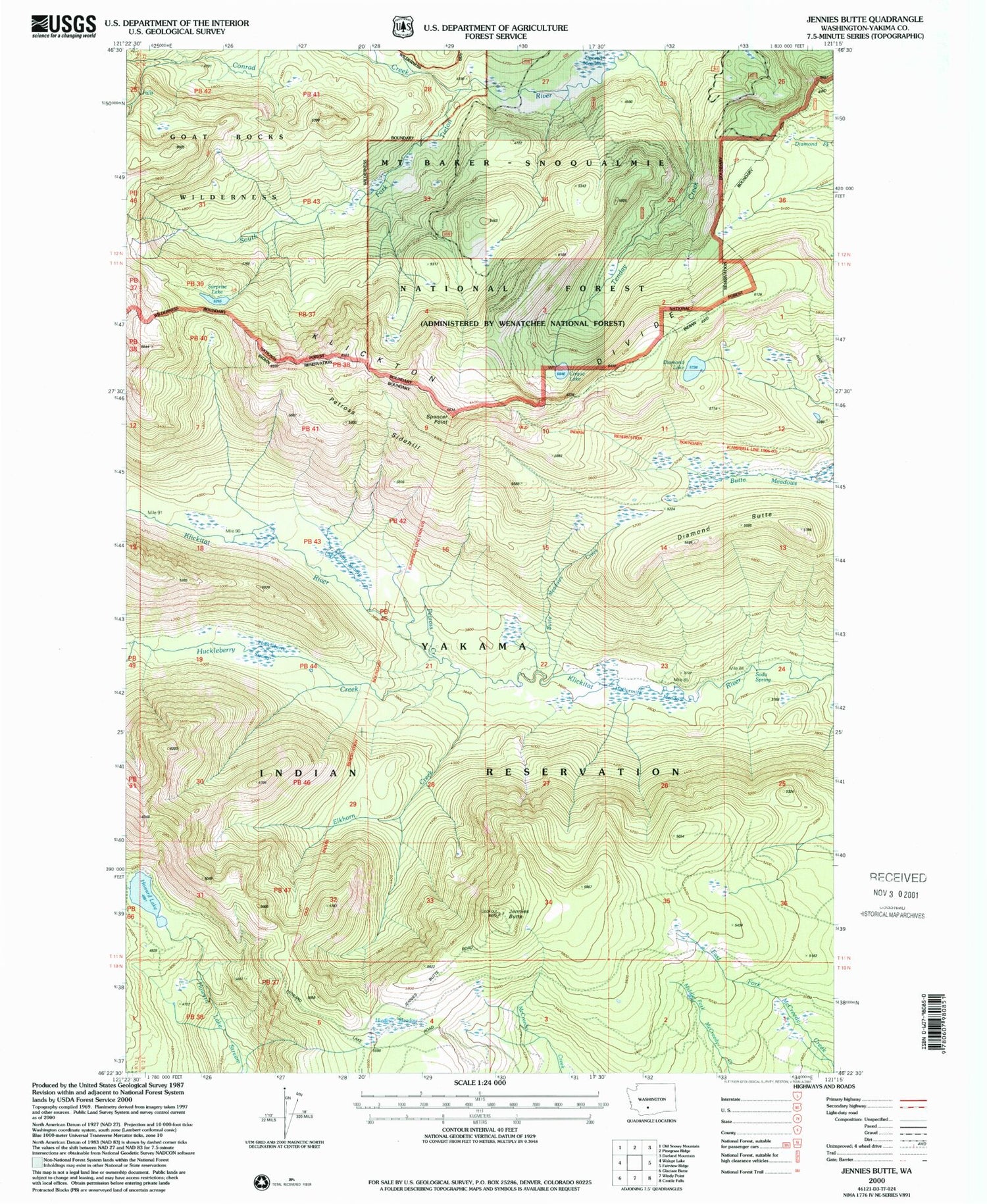 Classic USGS Jennies Butte Washington 7.5'x7.5' Topo Map Image