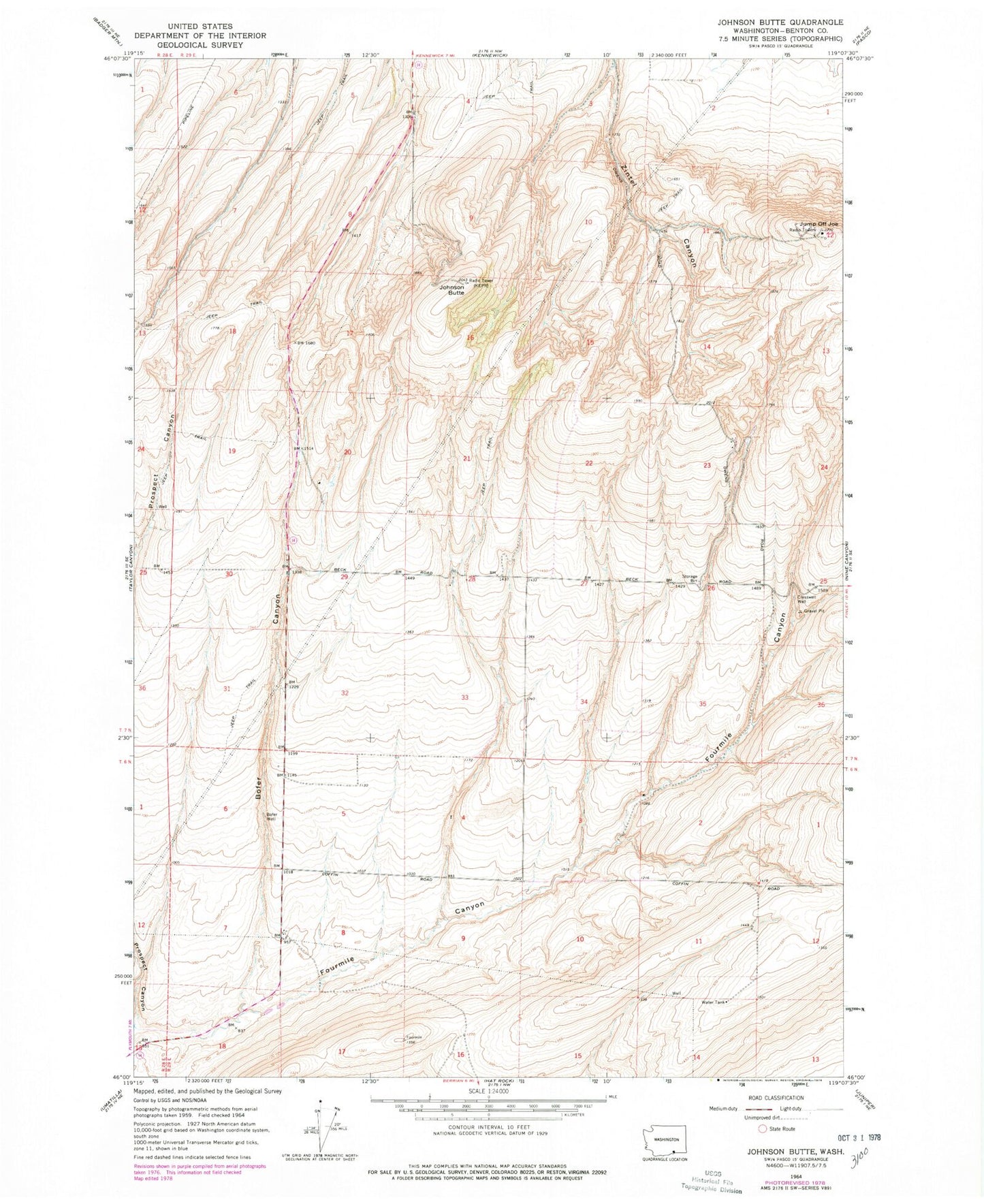 Classic USGS Johnson Butte Washington 7.5'x7.5' Topo Map Image