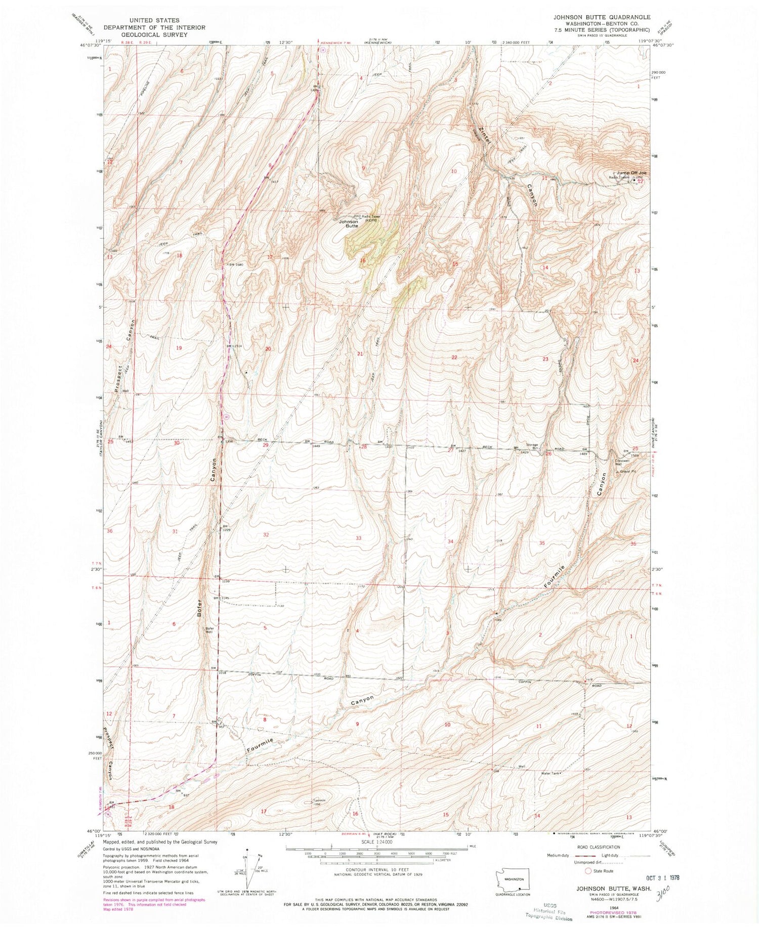 Classic USGS Johnson Butte Washington 7.5'x7.5' Topo Map Image