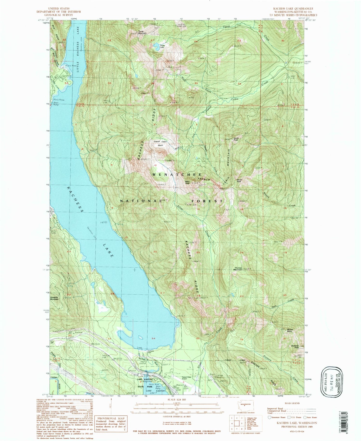 Classic USGS Kachess Lake Washington 7.5'x7.5' Topo Map Image
