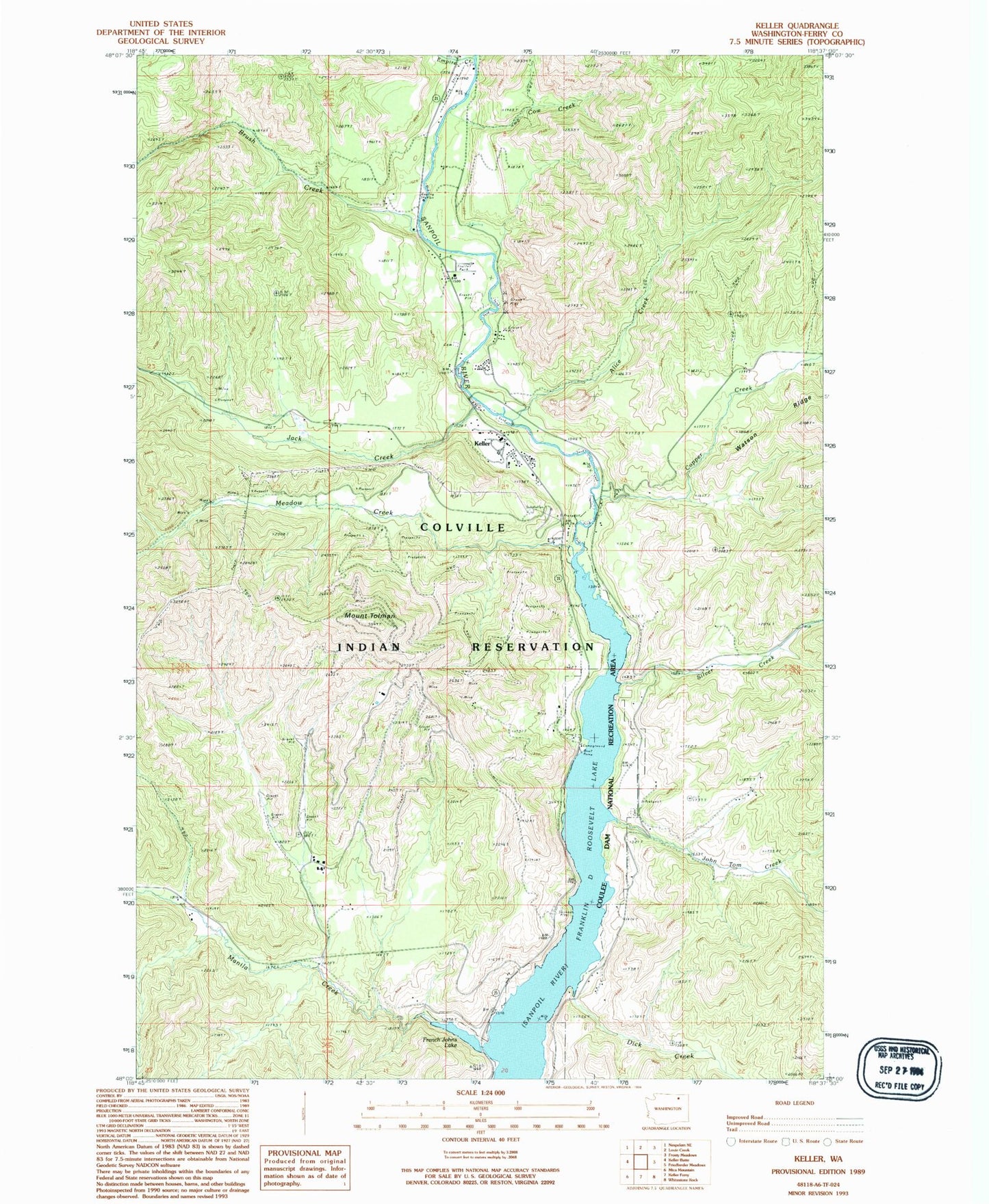 Classic USGS Keller Washington 7.5'x7.5' Topo Map Image