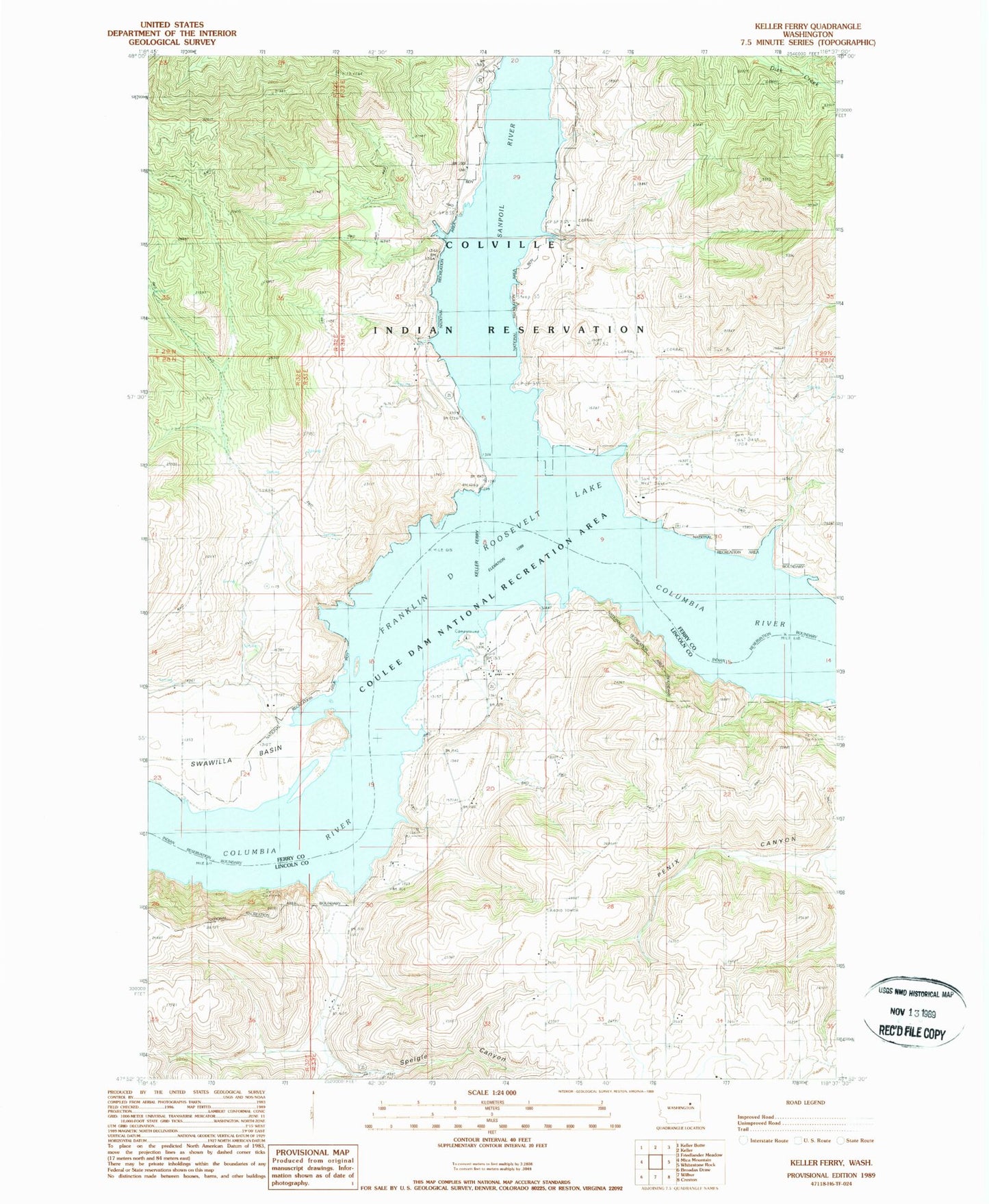 Classic USGS Keller Ferry Washington 7.5'x7.5' Topo Map Image