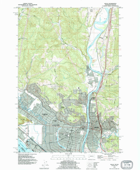 Classic USGS Kelso Washington 7.5'x7.5' Topo Map Image