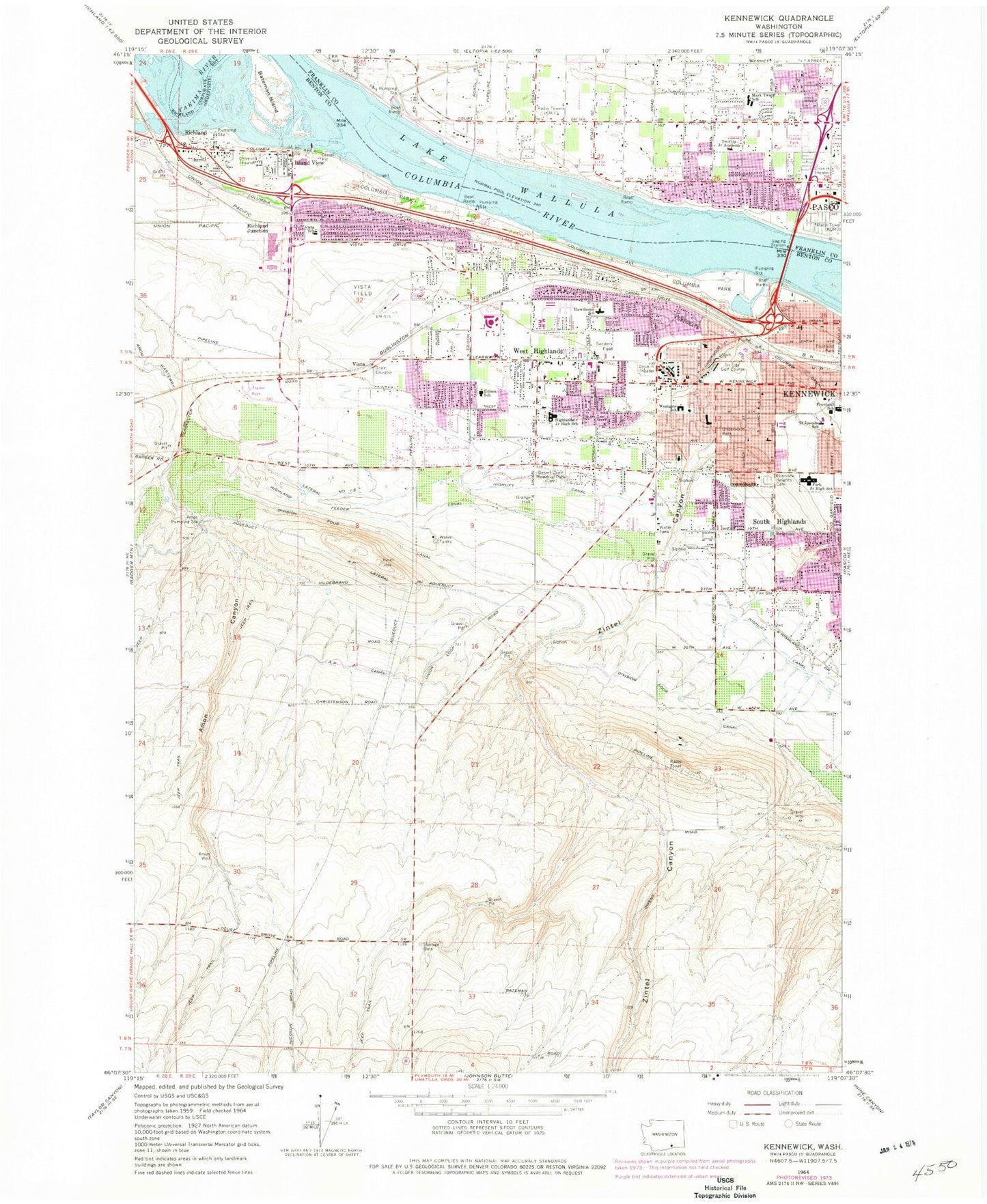 Classic USGS Kennewick Washington 7.5'x7.5' Topo Map Image